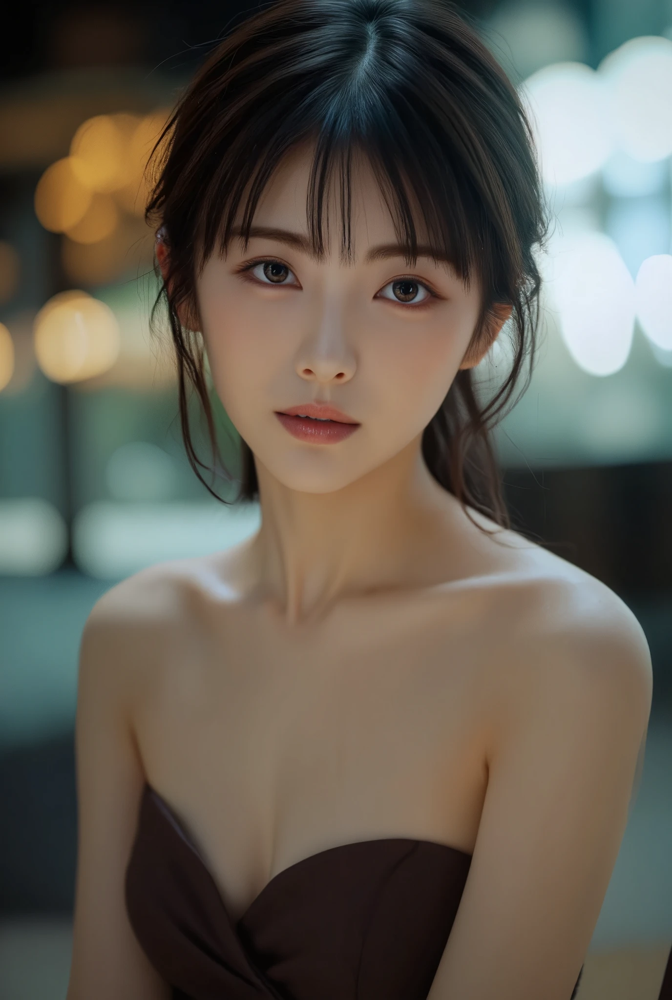 (8K, Best Quality, Masterpiece: 1.2), (Realistic, Photorealistic: 1.37), Ultra Detailed, Soft Light, One Girl, Cute, Solo, Beautiful Details Sky, Open Window, Blush, Pink Cheeks, (Shy Face: 1.15), (Shut Up), (Skinny: 1.7), (Flat Chest: 1.9), (Small Breast: 1.9), (Small Breast: 1.9), Beautiful delicate eyes, beautiful delicate nose, rain, (medium hair: 1.5), puffy novafrog style, visible, (black hair), squinted, thin eyebrows, mature face, ((towel slippery, wet skin, wet hair, wet face, disheveled hair)), arms spread, legs spreading)), open-air bath, Japan hot spring, hot spring, night