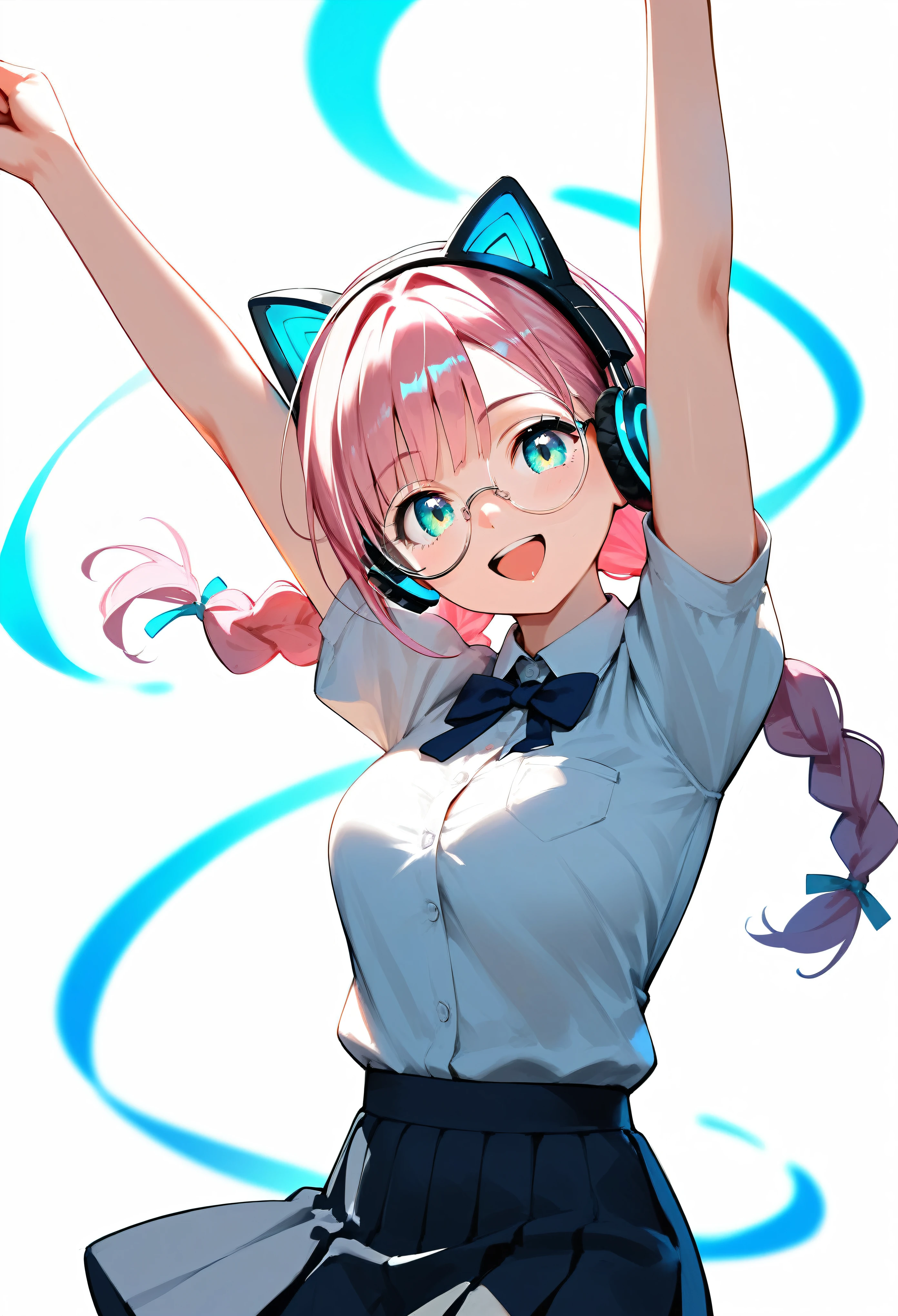  (best quality:1.2), (ultra-detailed:1.2), (2.5D:1.2), (Anime Moe Art Style), 1girl , pink hair,  Cyan eyes, gradient eyes, twin braids, blue Glowing cat ear headphones, black round glasses, secretary suit, smile beam,open mouth,  (arms raised in the air:1.3), dynamic pose, (white background:1.3)