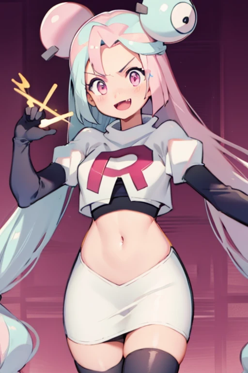 iono,1 girl,pink eyes,solo,smile,open mouth,fangs ,team rocket,team rocket uniform,white skirt,red letter R,crop top,black thigh-highs,black elbow gloves, cowboy shot