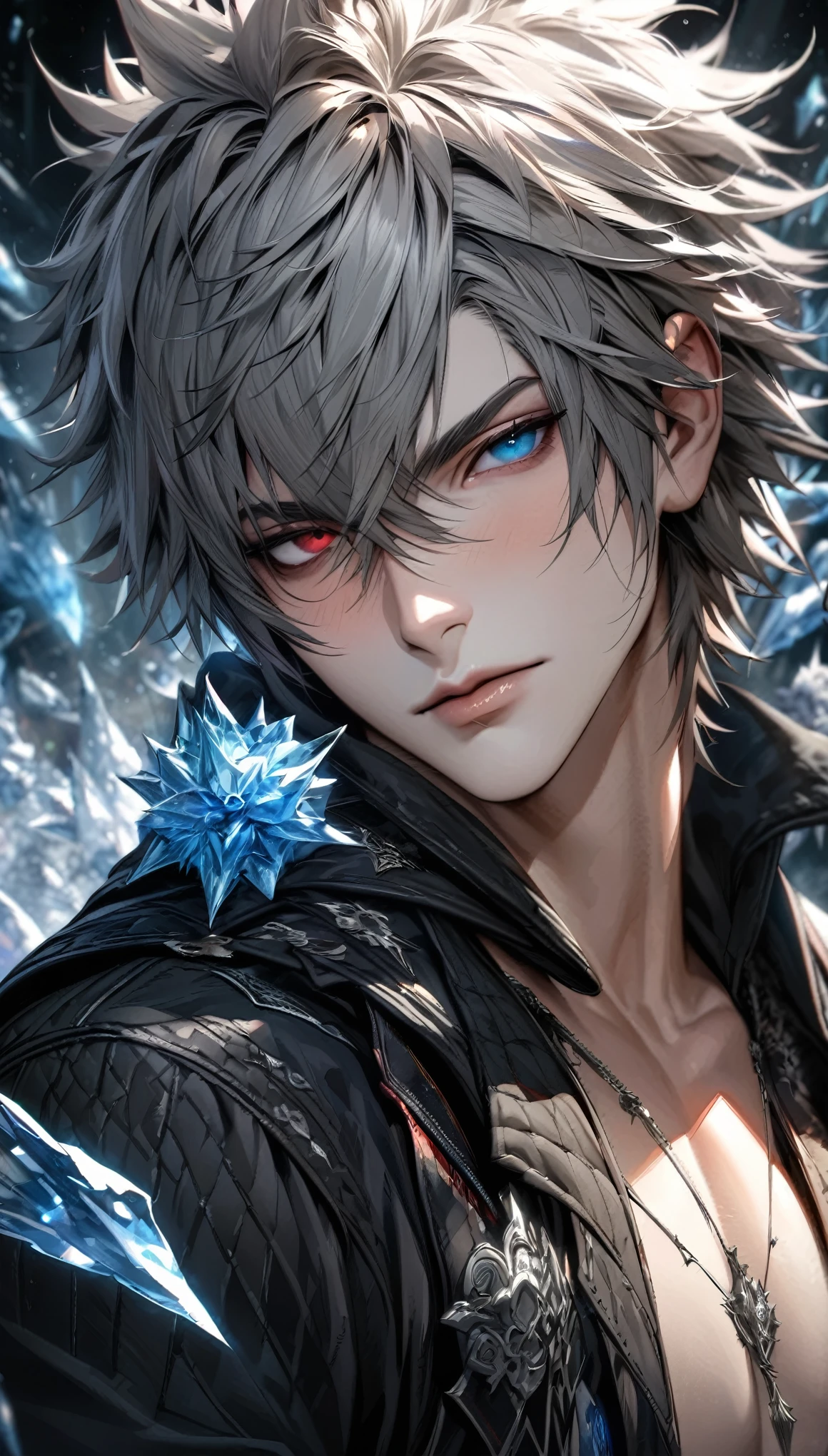 absurdres, highres, ultra detailed, HDR, masterpiece, extremely detailed face and eyes, extremely detailed features, Riku, gray spiky hair, heterochromia, left eye red, right eye blue, final fantasy xv, solo, sexy man, handsome, black jacket, gray shirt, ice butterflies, ice flowers