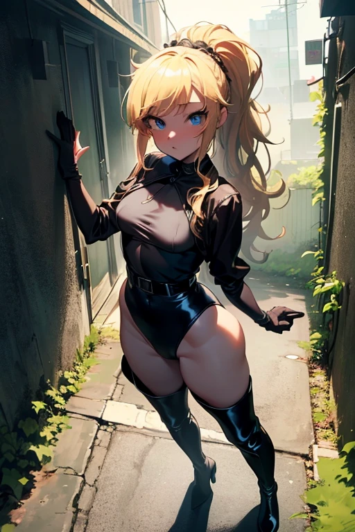 Beautiful blue eyed girl, Blonde hair tied in a ponytail, Look at the viewers, Green,standing, Full body image, Female Combatants, Hollow Eyes, brainwashing, masterpiece, High Quality Model, Dark Alley, (((black satin leotard), Satin bodysuit, Black tights, black gloves, Thigh-high boots, belt)), ohtsuki yui