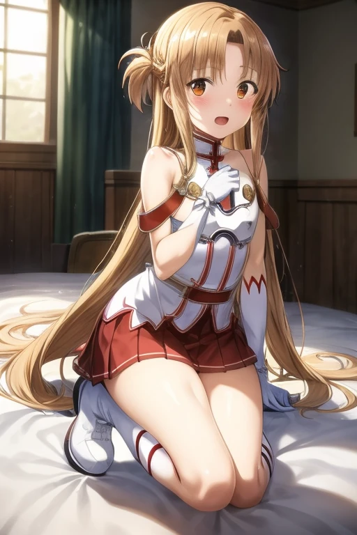 ((Best Quality)), ((masterpiece)), (be familiar with), Perfect Face, indoor, bedroom, Watching the audience,
One woman, Yuuki Asuna,
Open Mouth, Ecstatic expression, blush, smile,
Small breasts, Flat Chest, , , child, Girl,
Long Hair, Long Hair,
Leg spread,