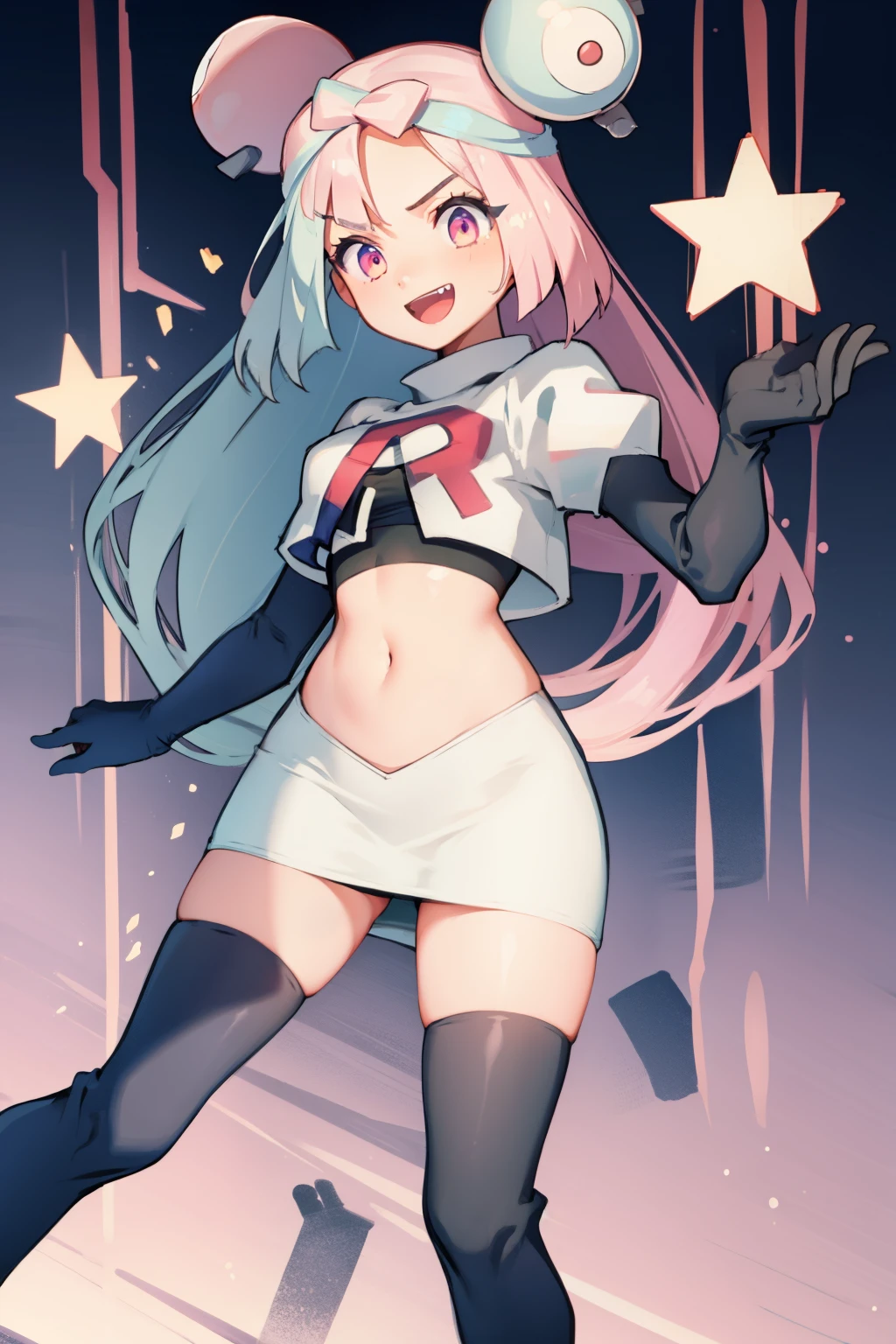 iono,1 girl,pink eyes,solo,smile,open mouth,fangs ,team rocket,team rocket uniform,white skirt,red letter R,crop top,black thigh-highs,black elbow gloves, cowboy shot