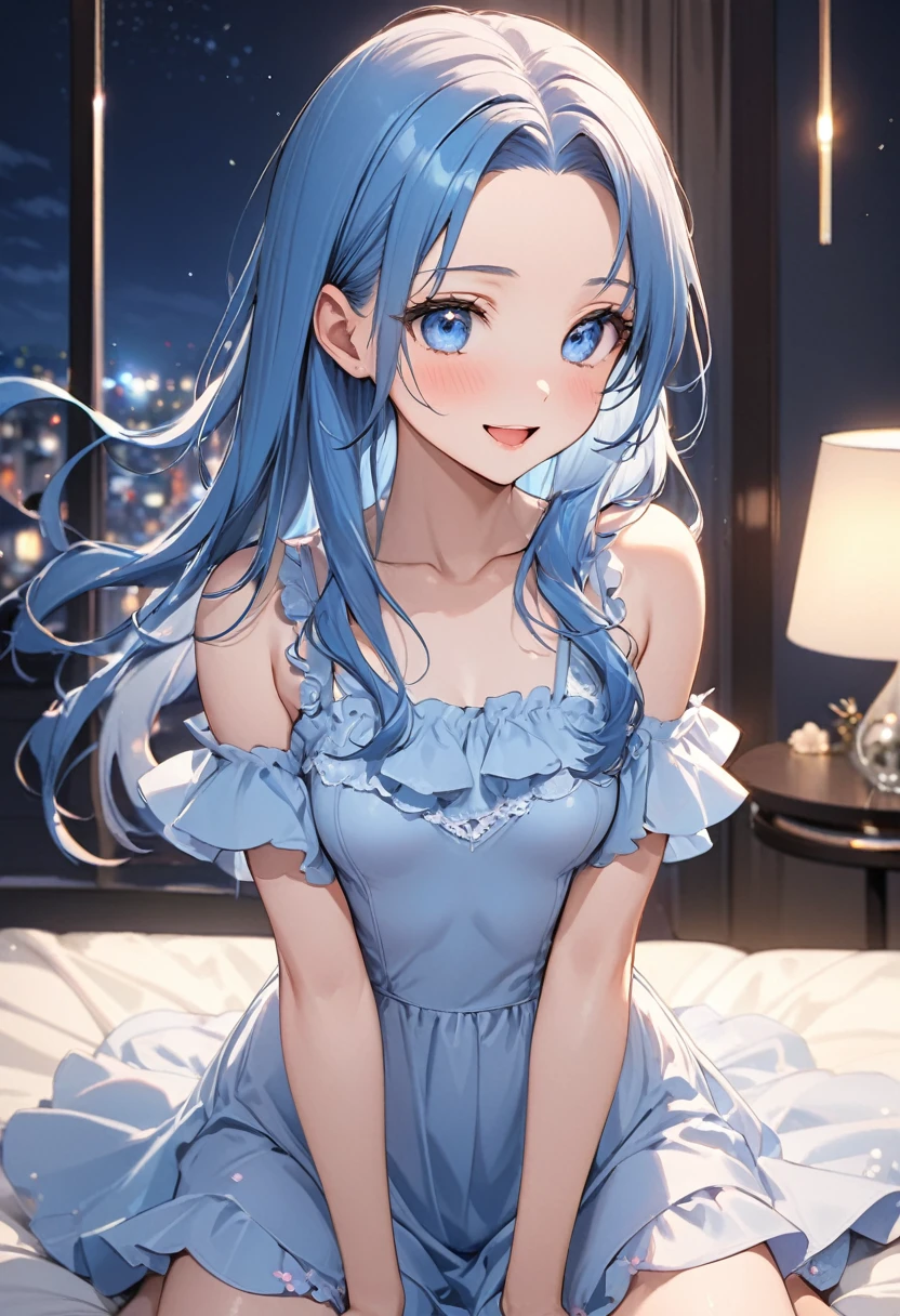 Woman1,cowboy shot,blue hair,red eyes,parted bangs,(Sleeping Dress,Shy,embarrassment,background in the room,taking out the tongue),HD,highly detailed