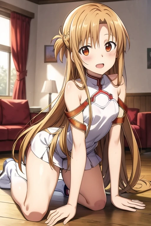 ((Best Quality)), ((masterpiece)), (be familiar with), Perfect Face, indoor, bedroom, Watching the audience,
One woman, Yuuki Asuna,
Open Mouth, Ecstatic expression, blush, smile,
Small breasts, Flat Chest, , , child, Girl,
Long Hair, Long Hair,
Leg spread,