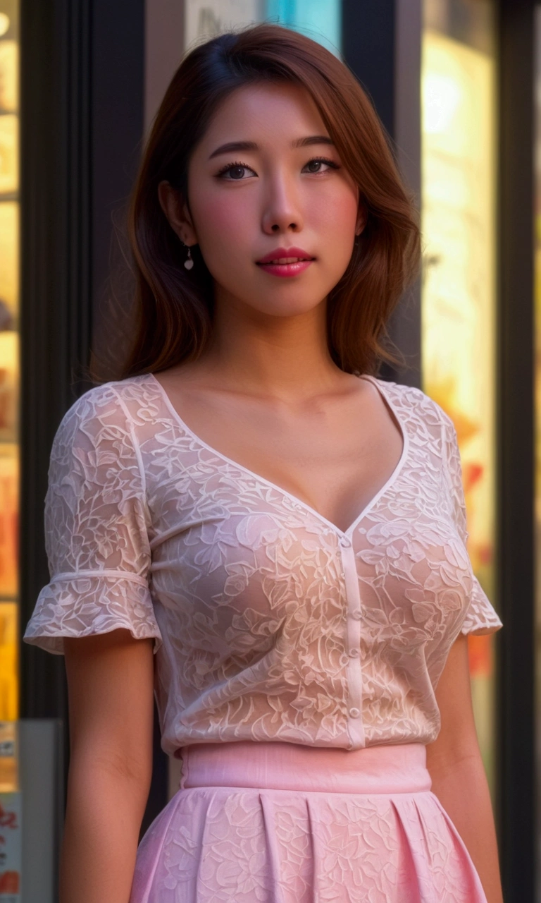 a cute woman in a tight pastel blouse with no bra, a cute skirt, matching pumps, erect nipples, happily looking at store window displays, view focused on her breasts, Tokyo, busy city at sunset, (best quality,4k,8k,highres,masterpiece:1.2),ultra-detailed,(realistic,photorealistic,photo-realistic:1.37),beautiful detailed eyes,beautiful detailed lips,extremely detailed eyes and face,longeyelashes,cityscape,evening,sunset,realistic,photorealistic,warm lighting,soft focus,intricate details (safe for work, no nudity)
