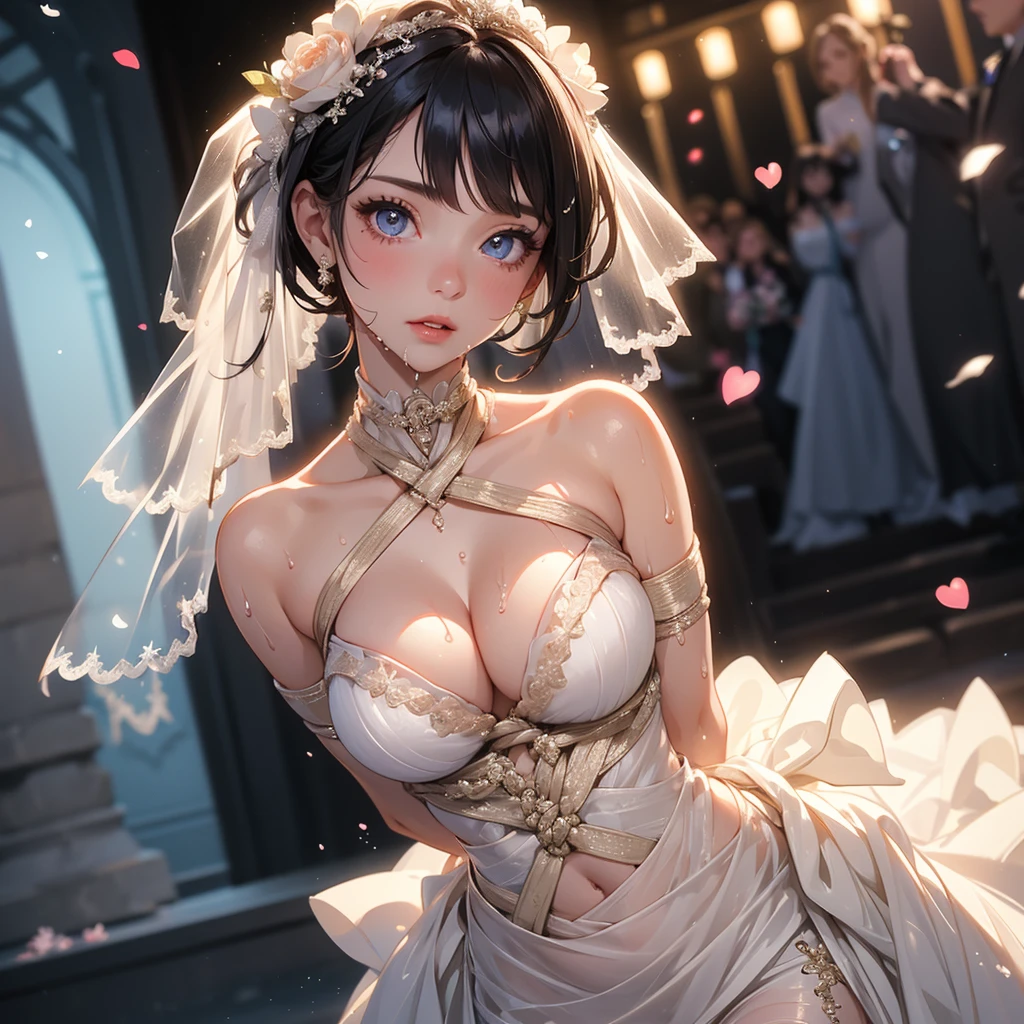 1girl, solo, female only, mirabeltmn, dark skin, yellow eyes,mirabeltmn, ponytail, dark skin, yellow eyes,white lace panties, white lace bra, white collar, wedding veil, white garter belt, white thigh high stockings, church,