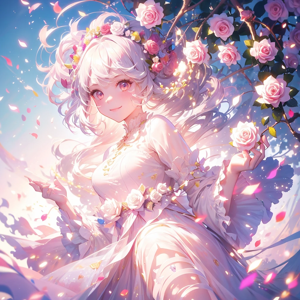 (masterpiece,Highest quality, Very detailed, beautiful, Exquisite, 16K, Full HD), ((smile,Happy:1.5)),get up,((Frills, Sparkling fluffy layered ball gown)), (Pink medium hair,Wavy Hair,Fluffy hair),(White skin,lavender eyes, Long eyelashes, Big eyes,Pale pink cheeks), (pastel colour,Fantasy art:1.2), (White Background:1.8),Facing forward,Upper Body,The body is facing forward.,No text