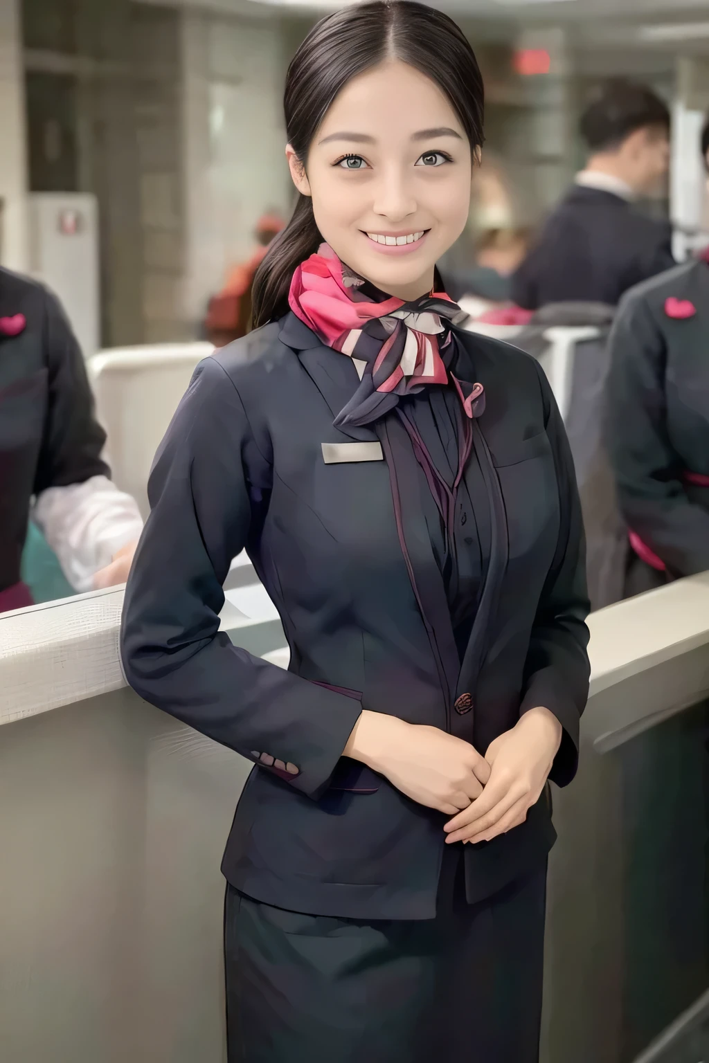 (masterpiece:1.2, Best Quality:1.2), 32K HDR, High resolution, (Alone、1 girl)、（JAL cabin crew uniform realistic style）、 (At the airport counter, Professional Lighting)、A proper woman, Beautiful Face,、（黒のJAL cabincrew uniform）、（Long sleeve JAL cabin crew uniform）、（Scarf around the neck）、Big Breasts、（Long hair upstyle、bread）、Dark Brown Hair、Long Hit、（（：2.0））、（（A harmonious body shape：1.5））、（（Normal limbs：2.0））、（（Normal finger：2.0））、（（Delicate eyes：2.0））、（（Normal eyes：2.0））)、Beautiful position、smile、Hands clasped underneath