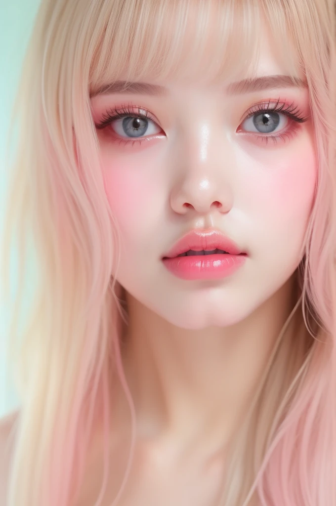 (detailed), studio lighting, hyper detailed, realistic portrait, Perfect Face.1 teenage girl, 、Blue eyes with well-defined double eyelids and long eyelashes, in the white girly dressroom backdrop, realistic face, detailed skin, ピンクblond long bob hair 、bangs covering forehead, extremely detailed lips, large mouth, full, plump, glossy light pink lips, natural-looking makeup, transparent lip gloss, with off-shoulder tops, photorealistic, ((Best Quality)), ((masterpiece)), high quality, 8k, masterpiece