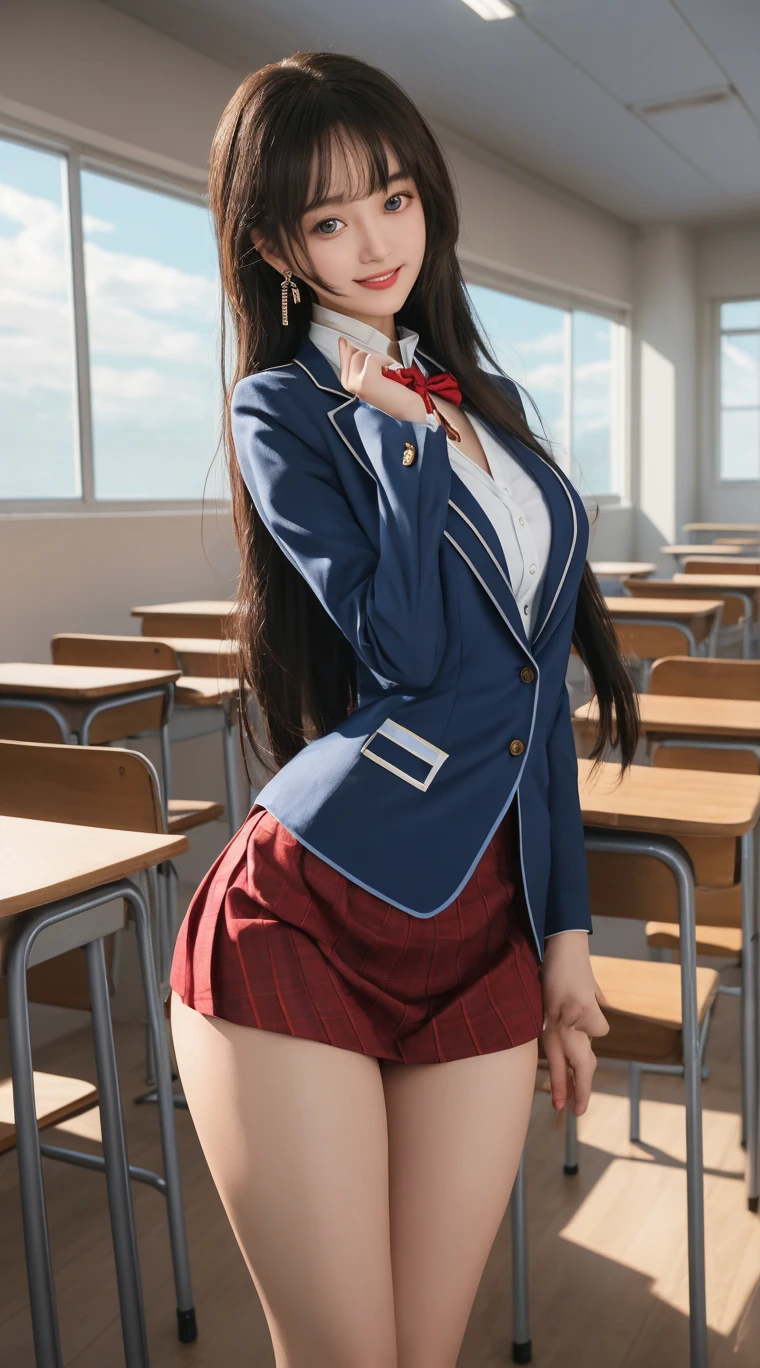 1girl, white skin, long hair, korean, young, bright blue eyes, thick eyebrows, freckles on skin, one ear out, smiling, teeth out, school uniform, tight big waist, wide thighs, wide thigh gap, on all fours, inside classroom cubicle, hyper-realistic, high detail, 8k, masterpiece