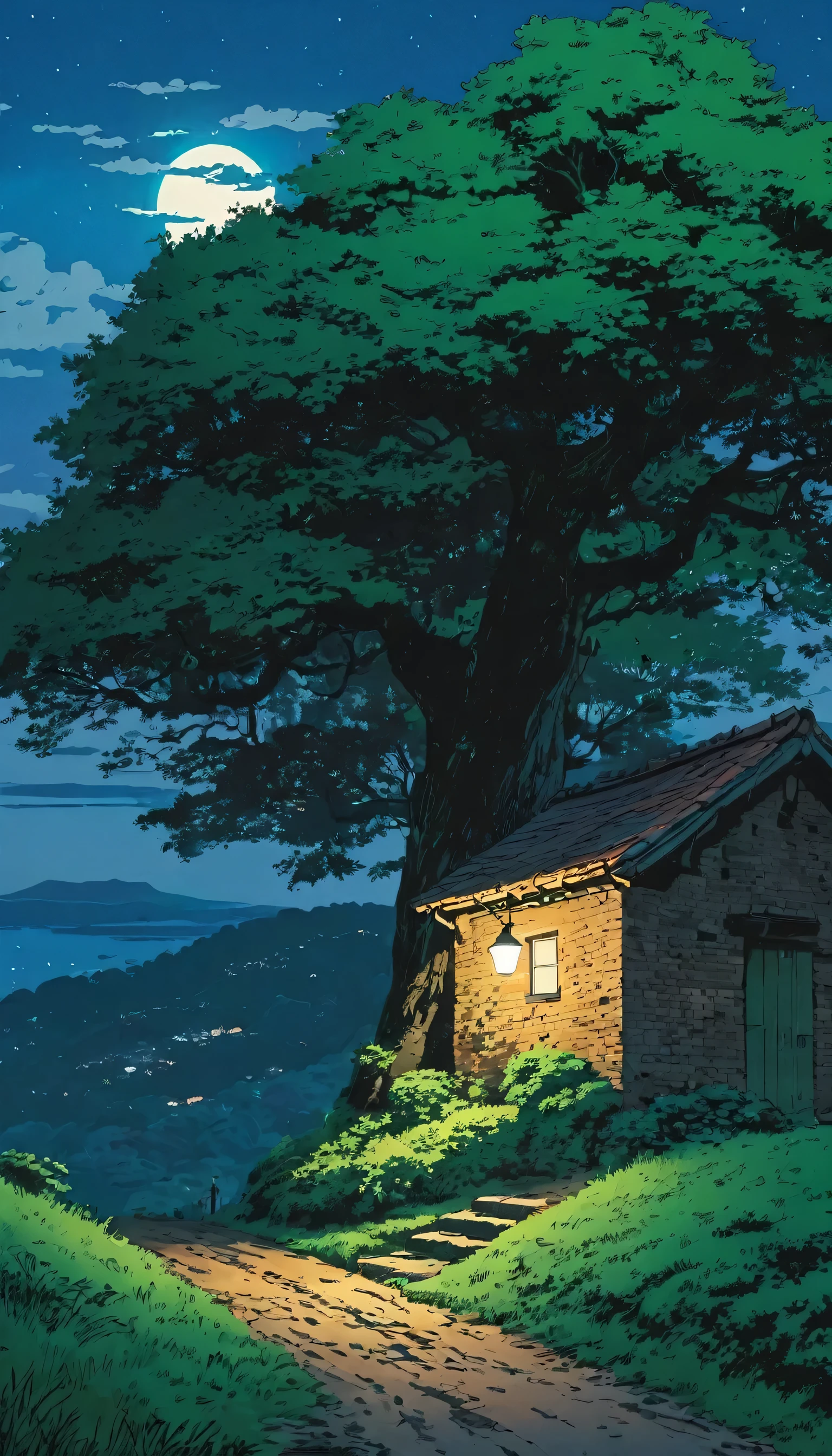 (Minimalism:1.4), Draw a simple Tintin style art, an old brick hut!!!,, baby under a big tree on a hill!!! a muddy path dimly lit by a lamp towards the Ghibli studio hut, miyazaki, , Makoto Shinkai!!, anime movie background best quality best of SeaArt HD