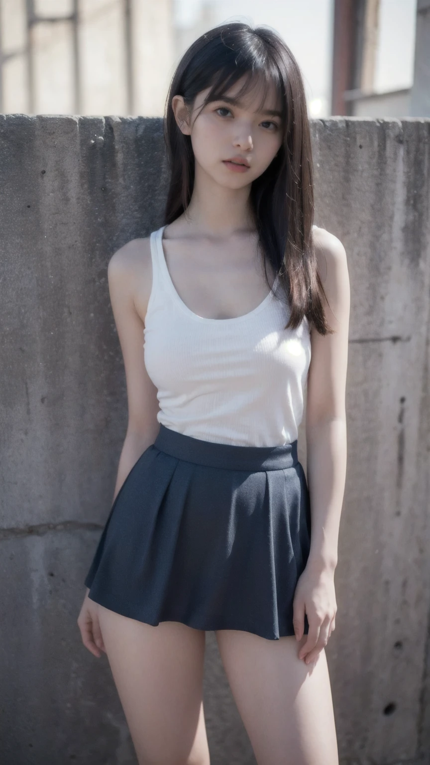One girl, short hair,Black Hair,smile, summer, room,Bed,Standing,6th grade elementary school,front,Navy blue tank top,Pure,Down to the feet,Skirt above the knee,transparent, (masterpiece, Highest quality), Soft Light, Structure of the film, Like in the movies