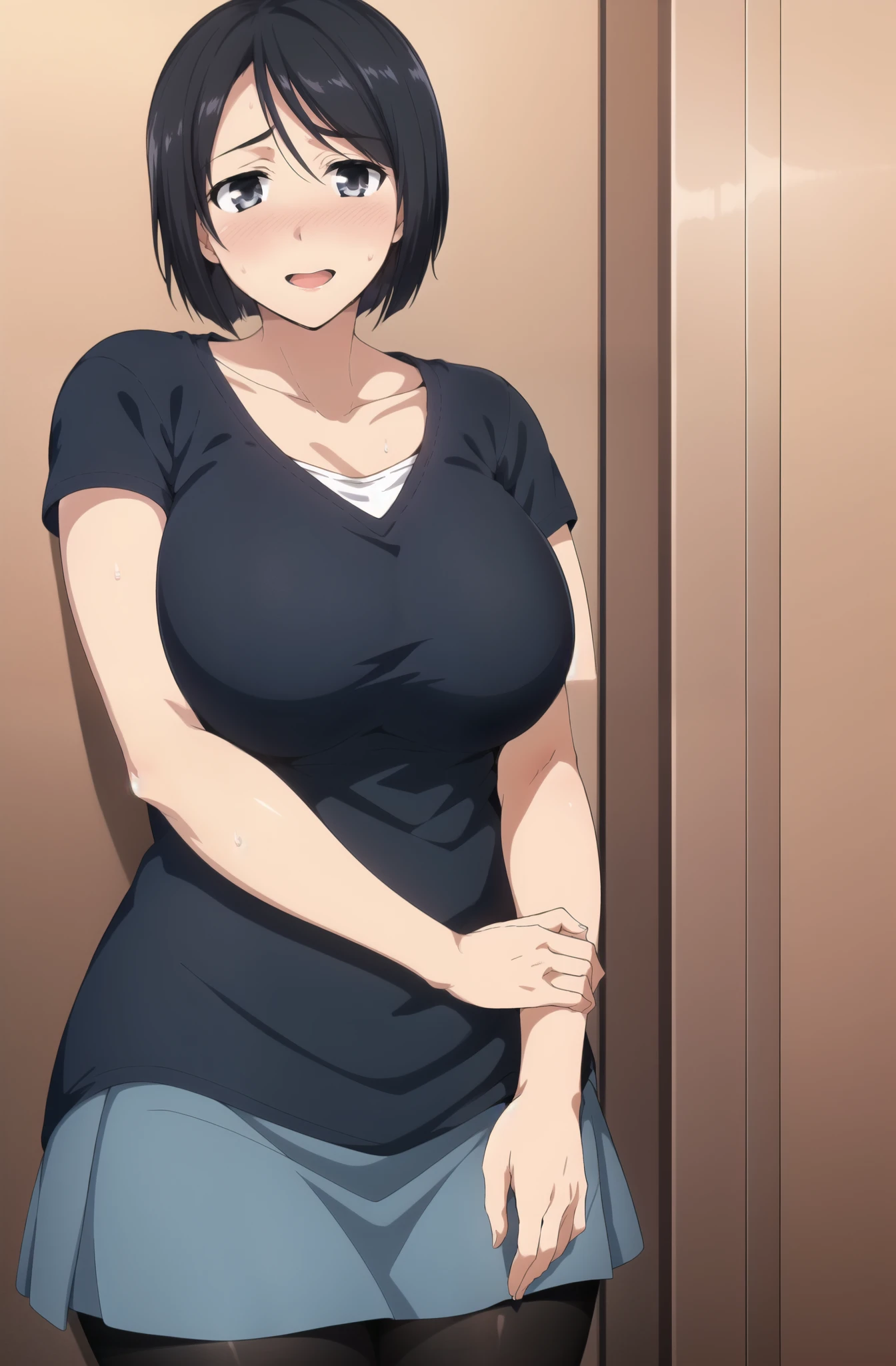 in a bathroom, 1girl, solo, looking at viewer, shameful expression, blush, happy, blushful, short hair, parted bangs, huge breasts, black shirt outside white shirt inside, loose shirt, pantyhose, black hair, collarbone, blue skirt, standing, sweatdrop, detailed black eyes, black shirt, opened mouth, curvy, sexy, official art, extremely detailed CG unity 8k wallpaper, Colorful, (masterpiece:1.0), (best_quality:1.0), ultra high res, 4K, ultra-detailed,
