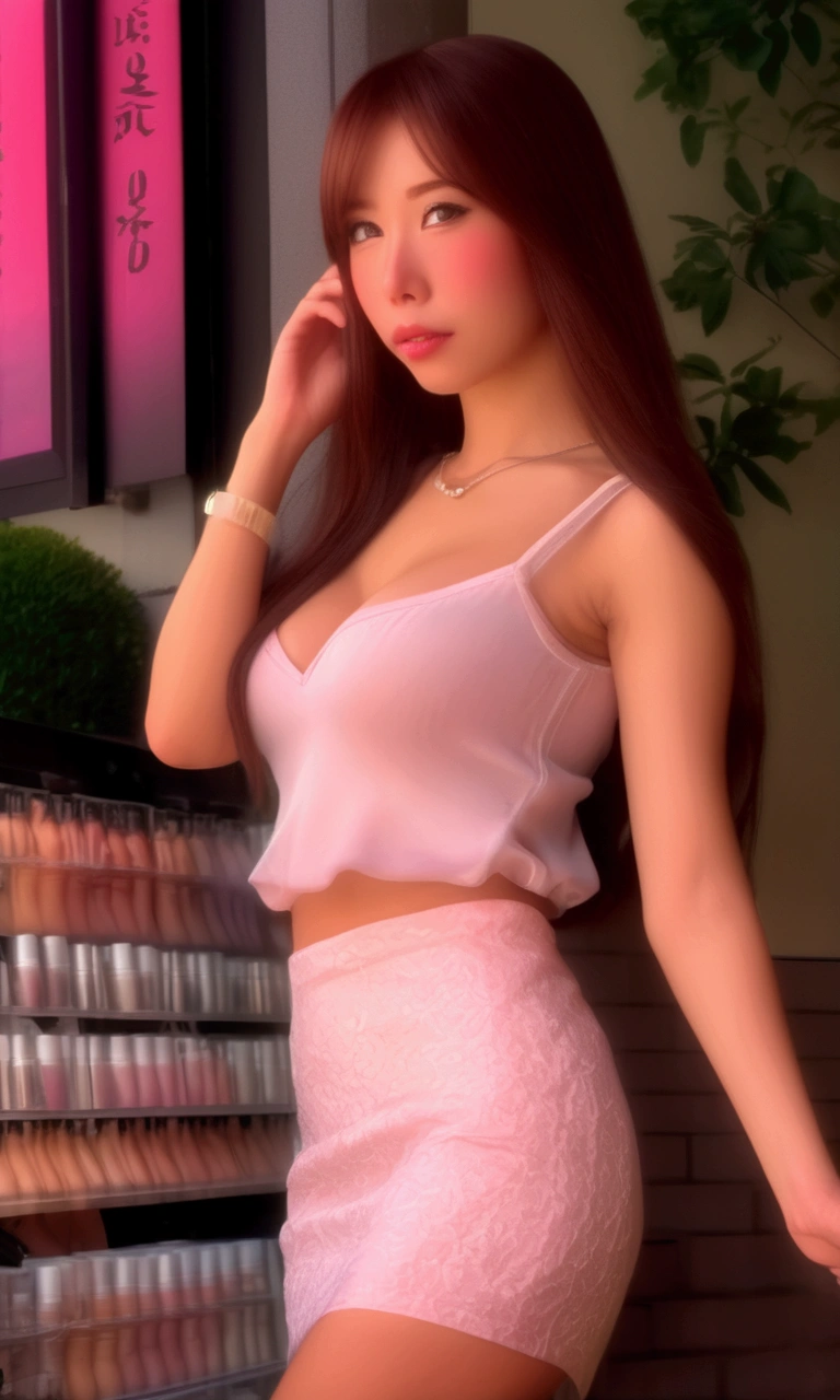 a cute woman in a tight pastel blouse with no bra, a cute skirt, matching pumps, erect nipples, happily looking at store window displays, view focused on her breasts, Tokyo, busy city at sunset, (best quality,4k,8k,highres,masterpiece:1.2),ultra-detailed,(realistic,photorealistic,photo-realistic:1.37),beautiful detailed eyes,beautiful detailed lips,extremely detailed eyes and face,longeyelashes,cityscape,evening,sunset,realistic,photorealistic,warm lighting,soft focus,intricate details (safe for work, no nudity)
