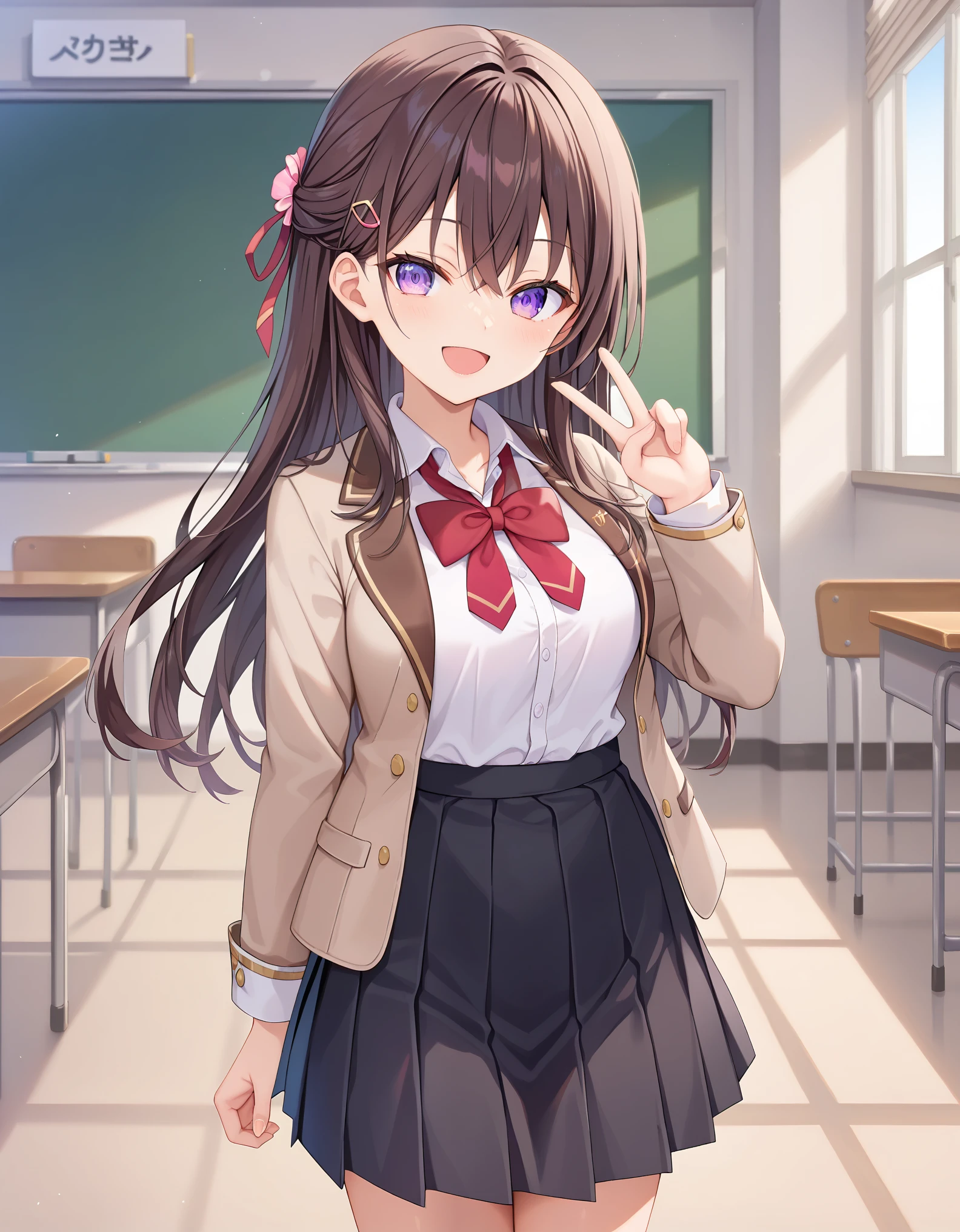 Masterpiece, hd, best quality detailed, 1girl, very dark brown hair, (dark brown hair:1.2), long hair, purple eyes, (purple eyes:1.2),updo, school uniform,red bowtie, black skirt, looking at viewer, standing , smile, happy, opened mouth, standing, indoor