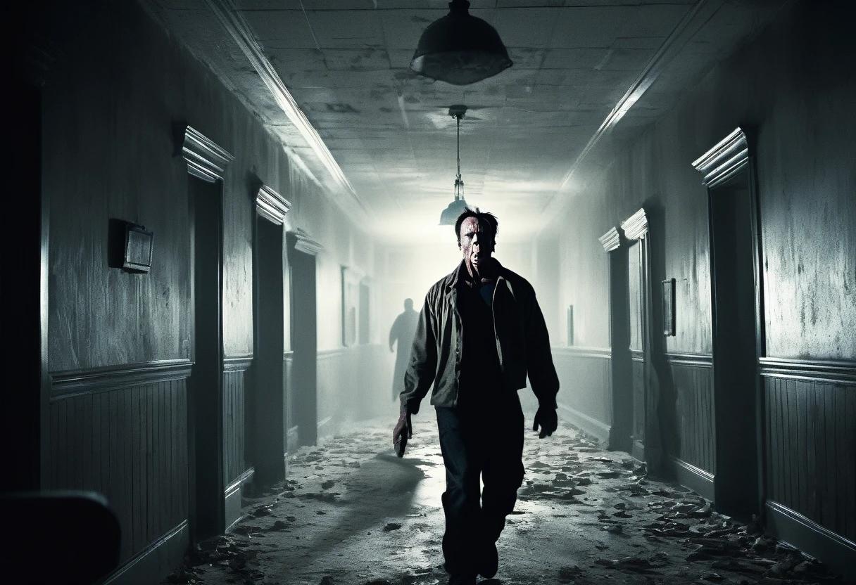 A scene from a new film starring arnold personin a horror movie about a haunted asylum. The scene takes place in the asylum and involves arnold personbeing chased by a ghost. The style is horror, dark, high contrast 