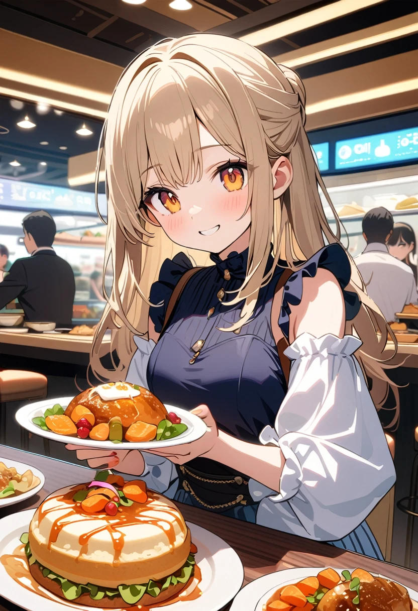 8k,Cute girl has a luxurious dinner at the food court, smile,Very detailed