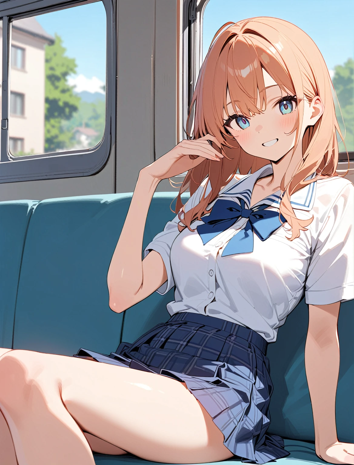 Highest quality、High resolution、Detailed Background、Beautiful face in every detail、Teenage beauty、Detailed red eyes、Realistic、Perfect body line、Light Hair Color、Bobcut、ponytail、well-groomed eyebrows、A shiny white short-sleeved sailor suit、Light blue sailor collar、Navy blue pleated skirt、Red ribbon、White Stockings、on the train、Sitting in a chair、Looking at me with a happy expression、Panty Shot、Cute gestures、so beautiful