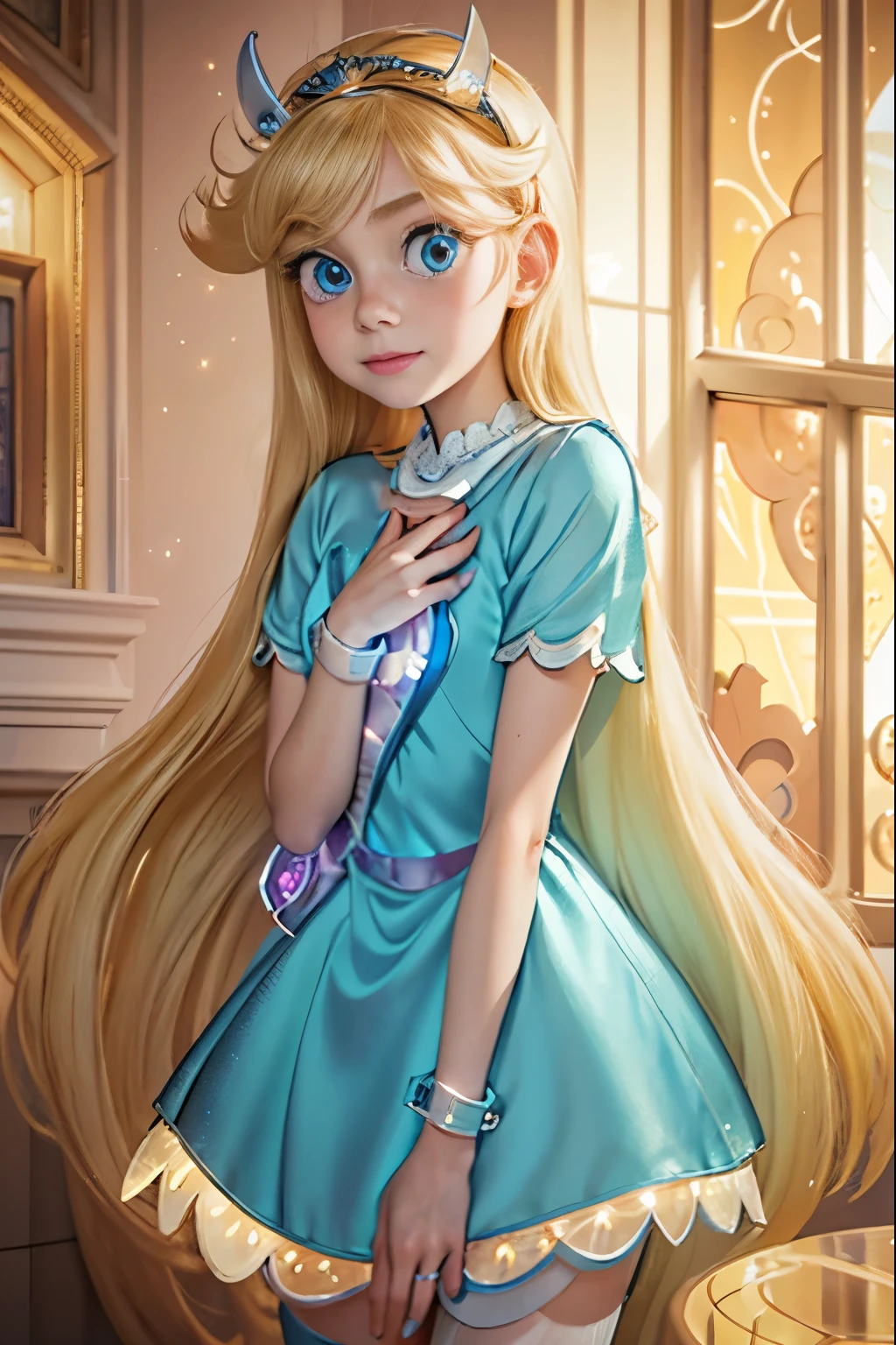 masterpiece, Best Quality, Ultra-Detailed, 1girl, solo, adult, star butterfly, blonde hair, long hair, happy expression, marine eyes, glowing eyes, very beautiful and detailed eyes, wearing a marine dress, red tiara, highly detailed sci-fi facilitie background