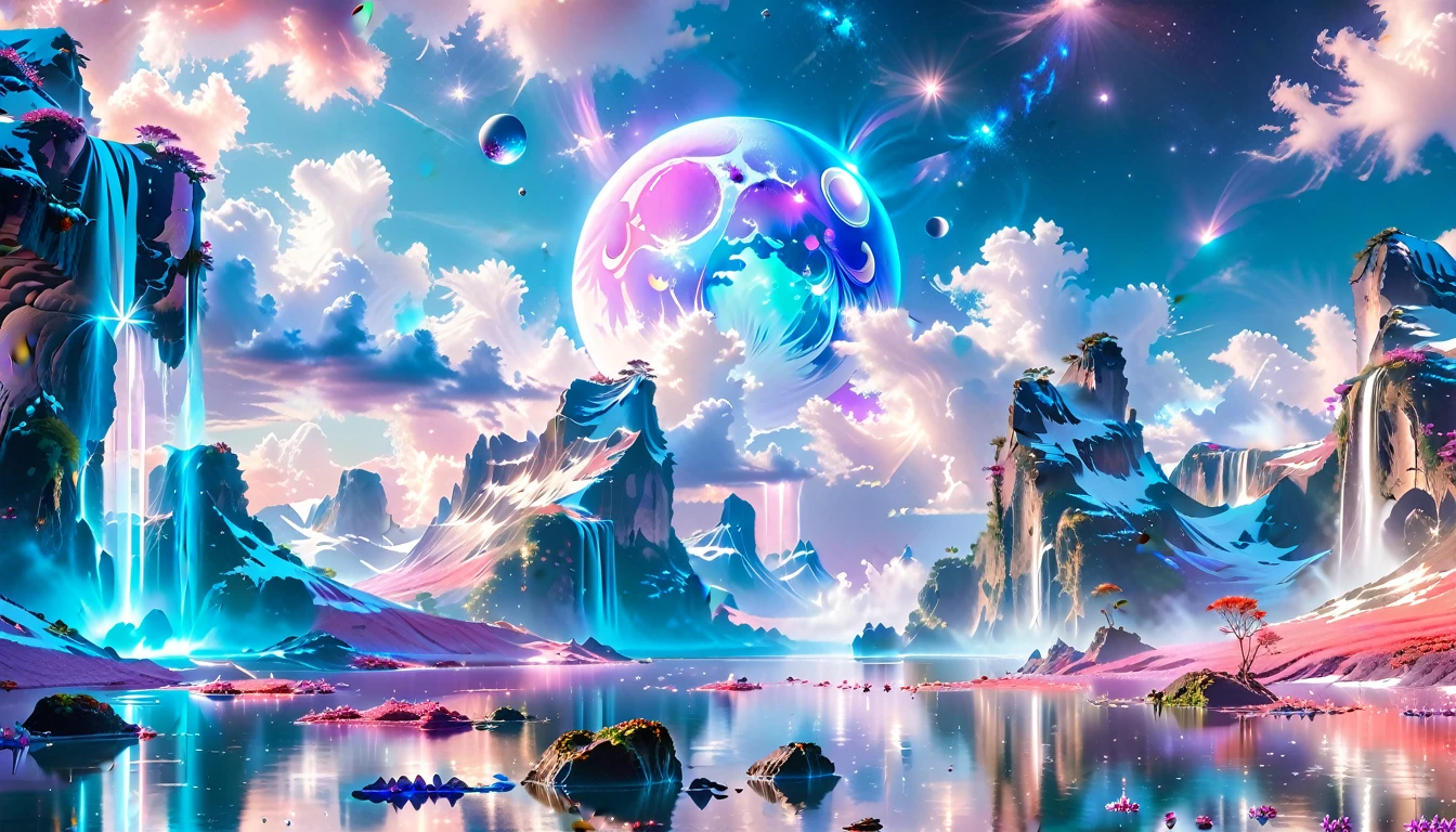 A Masterpiece In 32K Resolution, Supreme Quality, Super Detail, Official Art, Very High-Resolution 32K Wallpaper, Beautiful And Ethereal, Ultra-Detailed Features, Awe-Inspiring Detail. Celestial, Serene, And Dreamlike Scene Set On A Mystical, Oceanic Planet.
The Scene Features Vast, Crystal-Clear Waters Reflecting The Light Of Two Moons Suspended In A Twilight Sky. Towering Waterfalls Cascade From Hovering Islands, Surrounded By Clouds That Shimmer With Iridescent Blues And Violets. A Giant Ringed Planet Dominates The Horizon, Its Rings Glistening With Particles Of Stardust. The Atmosphere Is Peaceful Yet Brimming With An Air Of Fantasy, And The Use Of Soft Gradients Gives A Sense Of Tranquil Motion. Otherworldly Flora Sways In The Gentle Breeze, Adding A Sense Of Calm To This Aquatic Paradise. The Palette Is Soft Yet Vibrant, With Hues Of Turquoise, Lavender, And Coral Creating A Mesmerizing Visual Harmony.