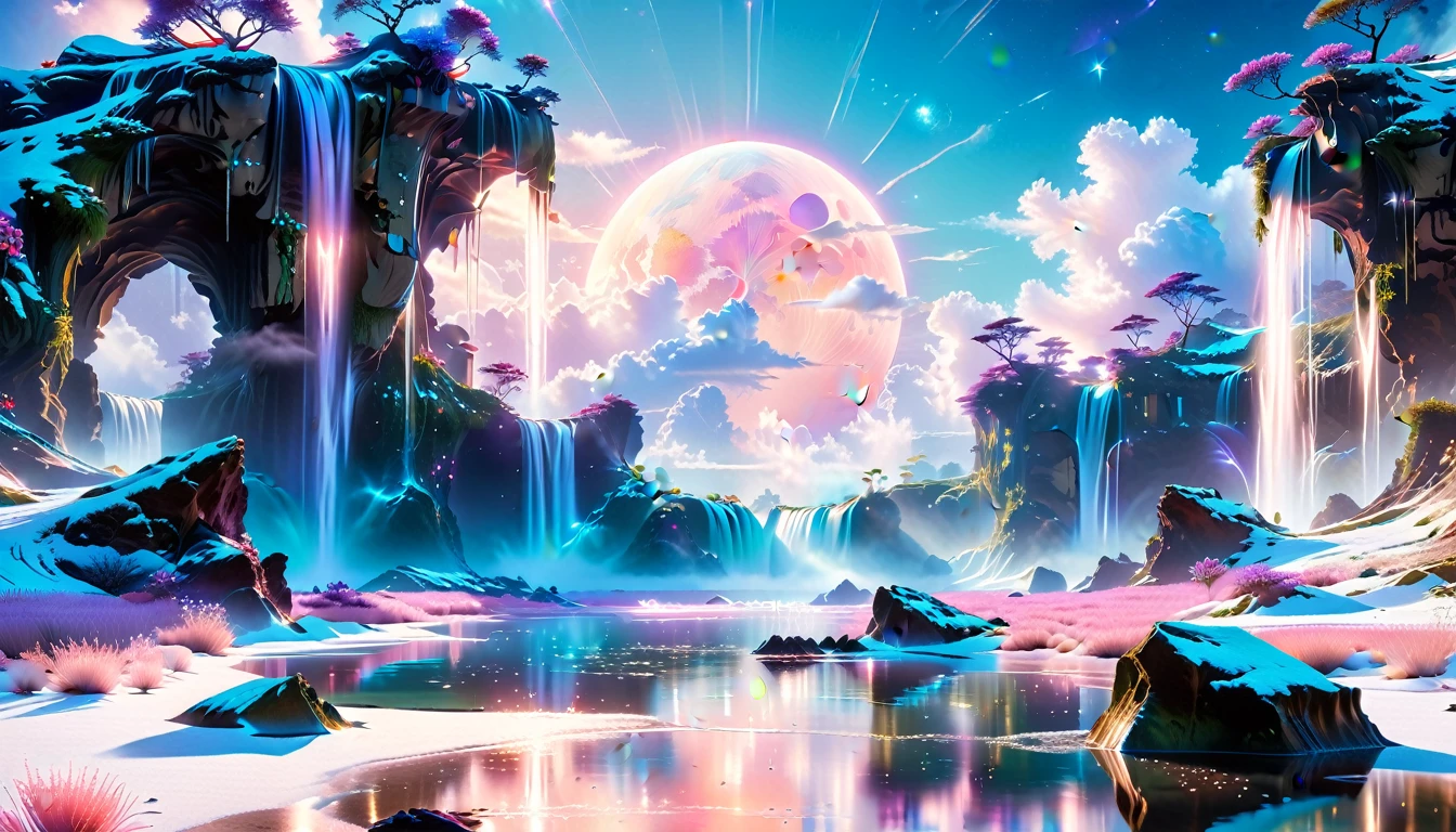 A Masterpiece In 32K Resolution, Supreme Quality, Super Detail, Official Art, Very High-Resolution 32K Wallpaper, Beautiful And Ethereal, Ultra-Detailed Features, Awe-Inspiring Detail. Celestial, Serene, And Dreamlike Scene Set On A Mystical, Oceanic Planet.
The Scene Features Vast, Crystal-Clear Waters Reflecting The Light Of Two Moons Suspended In A Twilight Sky. Towering Waterfalls Cascade From Hovering Islands, Surrounded By Clouds That Shimmer With Iridescent Blues And Violets. A Giant Ringed Planet Dominates The Horizon, Its Rings Glistening With Particles Of Stardust. The Atmosphere Is Peaceful Yet Brimming With An Air Of Fantasy, And The Use Of Soft Gradients Gives A Sense Of Tranquil Motion. Otherworldly Flora Sways In The Gentle Breeze, Adding A Sense Of Calm To This Aquatic Paradise. The Palette Is Soft Yet Vibrant, With Hues Of Turquoise, Lavender, And Coral Creating A Mesmerizing Visual Harmony.