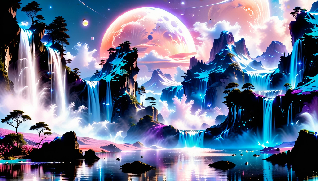 A Masterpiece In 32K Resolution, Supreme Quality, Super Detail, Official Art, Very High-Resolution 32K Wallpaper, Beautiful And Ethereal, Ultra-Detailed Features, Awe-Inspiring Detail. Celestial, Serene, And Dreamlike Scene Set On A Mystical, Oceanic Planet.
The Scene Features Vast, Crystal-Clear Waters Reflecting The Light Of Two Moons Suspended In A Twilight Sky. Towering Waterfalls Cascade From Hovering Islands, Surrounded By Clouds That Shimmer With Iridescent Blues And Violets. A Giant Ringed Planet Dominates The Horizon, Its Rings Glistening With Particles Of Stardust. The Atmosphere Is Peaceful Yet Brimming With An Air Of Fantasy, And The Use Of Soft Gradients Gives A Sense Of Tranquil Motion. Otherworldly Flora Sways In The Gentle Breeze, Adding A Sense Of Calm To This Aquatic Paradise. The Palette Is Soft Yet Vibrant, With Hues Of Turquoise, Lavender, And Coral Creating A Mesmerizing Visual Harmony.