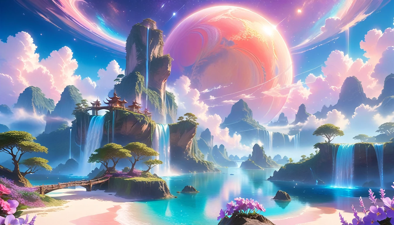 A Masterpiece In 32K Resolution, Supreme Quality, Super Detail, Official Art, Very High-Resolution 32K Wallpaper, Beautiful And Ethereal, Ultra-Detailed Features, Awe-Inspiring Detail. Celestial, Serene, And Dreamlike Scene Set On A Mystical, Oceanic Planet.
The Scene Features Vast, Crystal-Clear Waters Reflecting The Light Of Two Moons Suspended In A Twilight Sky. Towering Waterfalls Cascade From Hovering Islands, Surrounded By Clouds That Shimmer With Iridescent Blues And Violets. A Giant Ringed Planet Dominates The Horizon, Its Rings Glistening With Particles Of Stardust. The Atmosphere Is Peaceful Yet Brimming With An Air Of Fantasy, And The Use Of Soft Gradients Gives A Sense Of Tranquil Motion. Otherworldly Flora Sways In The Gentle Breeze, Adding A Sense Of Calm To This Aquatic Paradise. The Palette Is Soft Yet Vibrant, With Hues Of Turquoise, Lavender, And Coral Creating A Mesmerizing Visual Harmony.