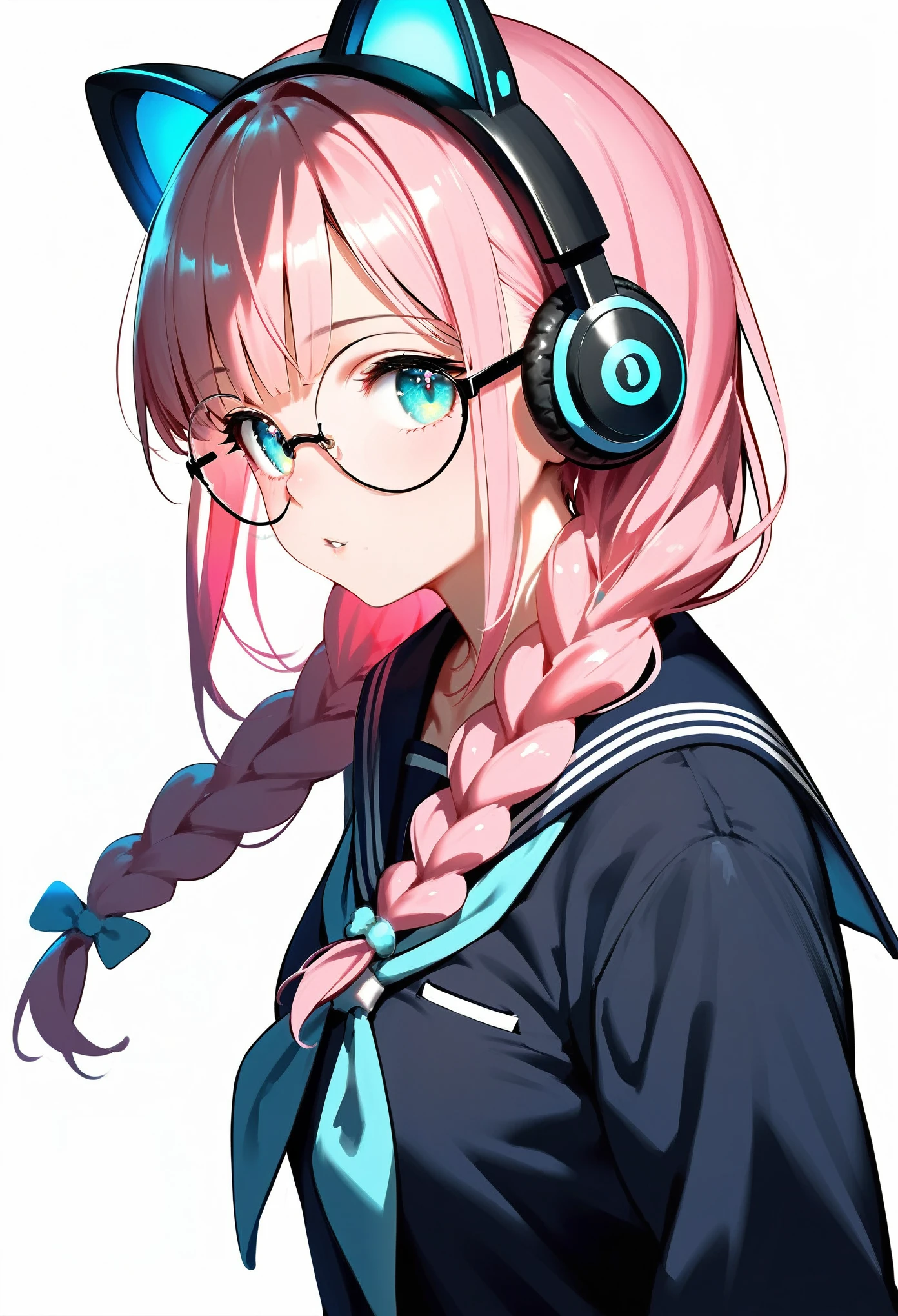 (best quality:1.2), (ultra-detailed:1.2), (2.5D:1.2), (Anime Moe Art Style), 1girl , pink hair, Cyan eyes, Gradient Eyes, twin braids, blue Glowing cat ear headphones, black round glasses,Profile picture, sailor uniform, cowboy shot, (white background:1.3)