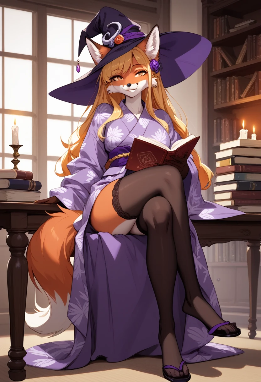 by fluff-kevlar, highest quality, high quality illustrations, masterpiece, perfect anatomy, performance, fox, female, anthro, furry, (orange body, orange fur), fox tail, digitigrade, beautiful, cute, sassy, sexy body, long hair, yellow hair, hair accessory, yellow eyes, front view, sitting on a wooden chair, legs crossed, holding an opened book in hand reading it, open book on table, in a cozily lit room, dark room lit by candles creating a moody atmosphere, bookshelf, cobweb on bookshelf, smile, smiling mischievously, giggling, giggling mischievously, looking at viewer, safe for work, wearing a ((yukata, purple witch hat, black thigh highs))