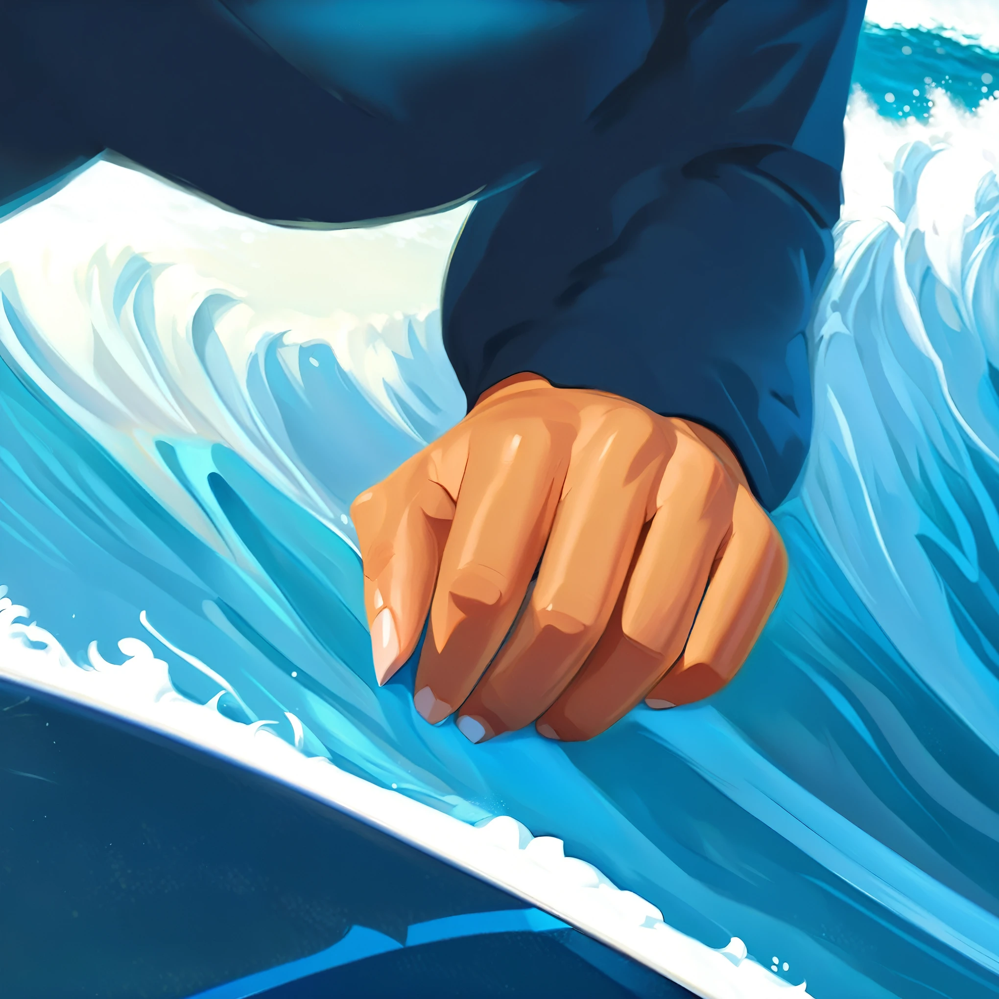 someone is surfing on a wave with their hands on the board, detailed digital painting, heavy gesture style closeup, low detailed. digital painting, high detail digital painting, abzu, stunning digital illustration, kenton nelson, stylized digital illustration, rhads and lois van baarle, concept piece, makoto shinkai cyril rolando, very detailed digital painting, beautiful femal hand, beautiful fingers to a feast, beautiful fingernails