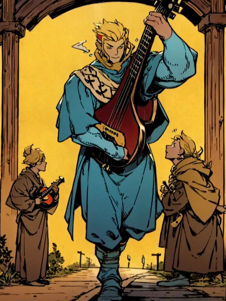 a muscle bard Walking on the path while singing and playing his lute, sfw, muscle bard, blonde, short haircut, singing, playing lute, bard costume, medieval engraving, high resolution, high quality, masterpiece.