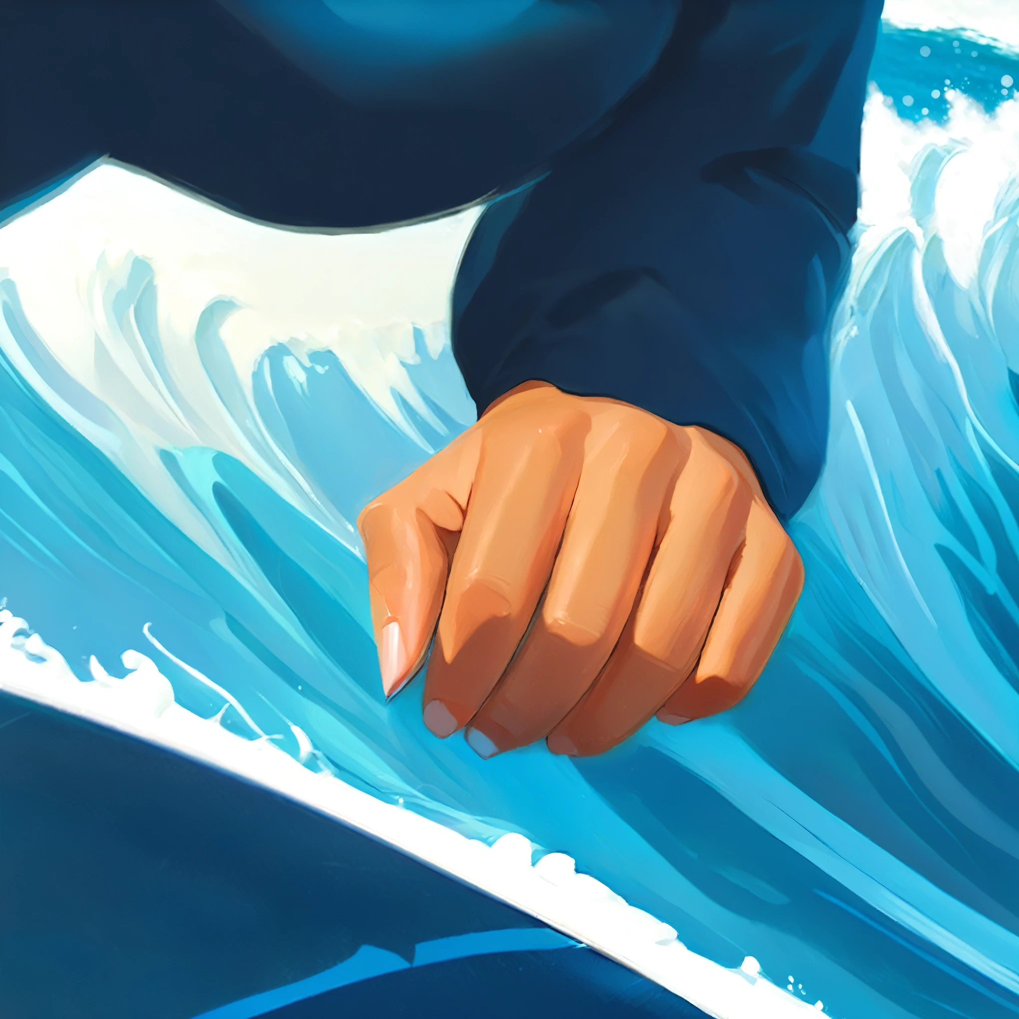 someone is surfing on a wave with their hands on the board, detailed digital painting, heavy gesture style closeup, low detailed. digital painting, high detail digital painting, abzu, stunning digital illustration, kenton nelson, stylized digital illustration, rhads and lois van baarle, concept piece, makoto shinkai cyril rolando, very detailed digital painting, beautiful femal hand, beautiful fingers to a feast, beautiful fingernails