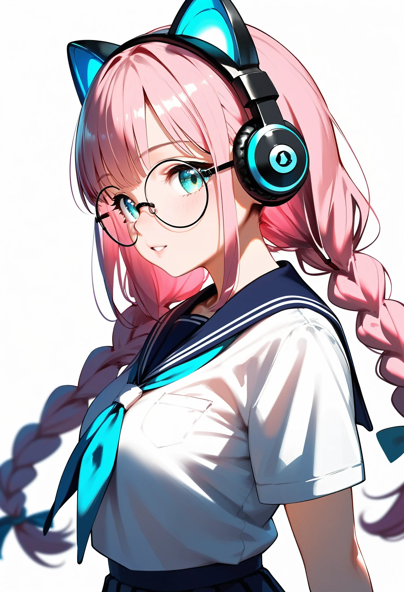  (best quality:1.2), (ultra-detailed:1.2), (2.5D:1.2), (Anime Moe Art Style), 1girl , pink hair,  Cyan eyes, Gradient Eyes, twin braids, blue Glowing cat ear headphones, black round glasses,Profile picture, sailor uniform, cowboy shot, (white background:1.3)