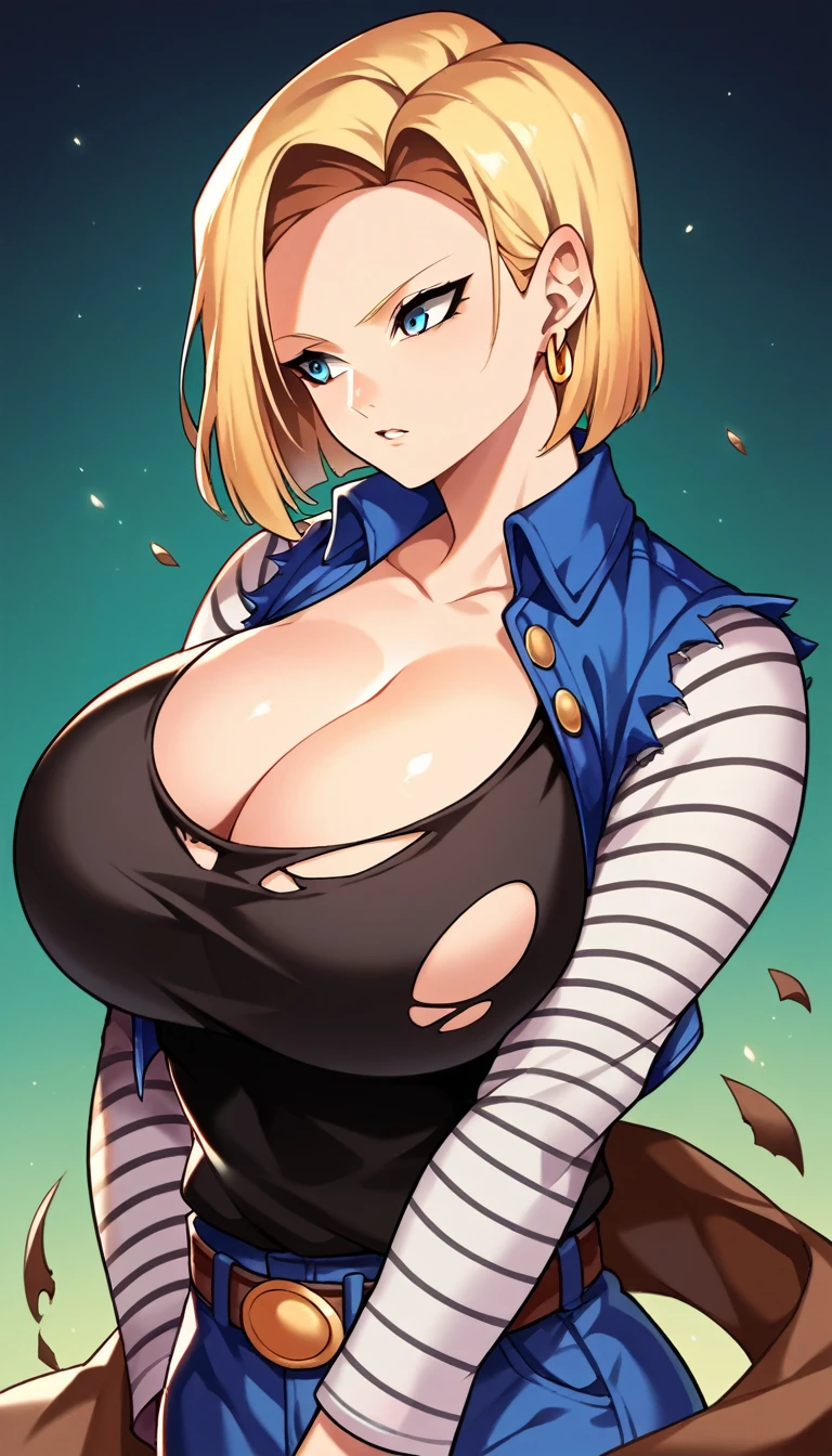 score_9, score_8_up, score_7_up, score_6_up, score_5_up, score_4_up, (source_anime),   1girl, solo, breasts, short hair, blue eyes, blonde hair, shirt, long sleeves, cleavage, jewelry, jacket, upper body, earrings, parted lips, huge breasts, gradient, looking to the side, torn clothes, black shirt,  torn shirt, android 18,