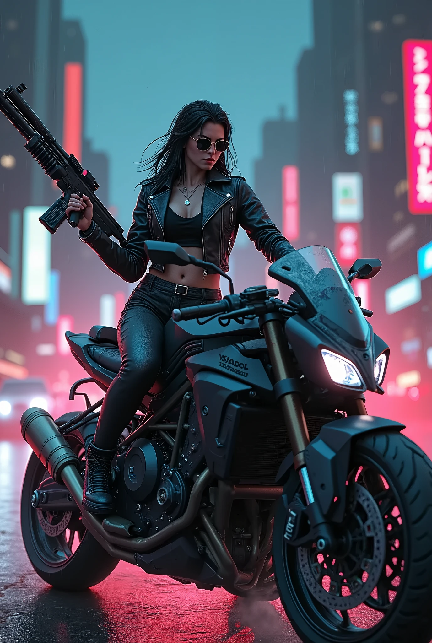 one woman hold a shotgun,put on sunglasses,there is a terminator woman riding a motorcycle on a city street, badass anime 8 k, daniel maidman octane rendering, sitting on cyberpunk motorbike, unreal engine 4k wallpaper, octane. trending on artstation, motorcycle concept art, concept art octane render, octane cgsociety, unreal engine', 3 d octane render conceptart, james gurney cinematic lighting, beautiful and cinematic lighting