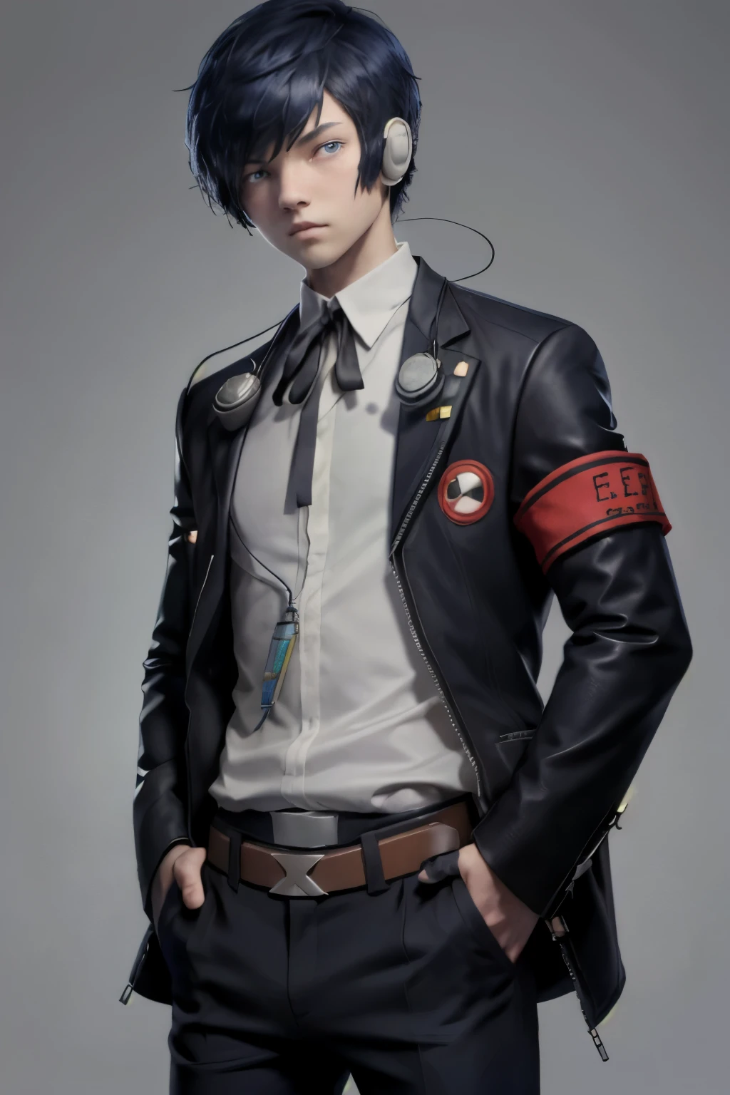 (masterpiece, best quality:1.2), cowboy shot, solo, male focus, 1boy, yuki makoto, expressionless, closed mouth, looking at viewer, hand in pocket, hair over one eye, headphones, school uniform, jacket, ribbon, armband, digital media player