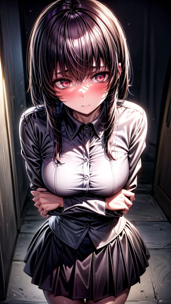 1 girl, black short hair, straight hair, wearing a school uniform, slightly blushing cheeks, serious expression, standing still, black collar, detailed eyes, intricate shading, soft lighting, focused on her face, simple background, beautiful eyes with a hint of emotion, high quality, ultra detailed
