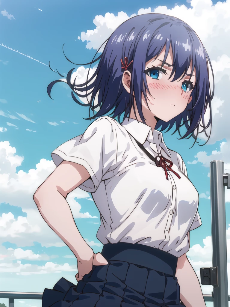 Kaededef, blue hair, blue eyes, short hair
skirt, day, ribbon, black skirt, looking at viewer, short sleeves, breasts, blush, white shirt, cloud, blue sky, school uniform, sky, red ribbon, neck ribbon, closed mouth, pleated skirt, outdoors, shirt, upper body, 
masterpiece, best quality,