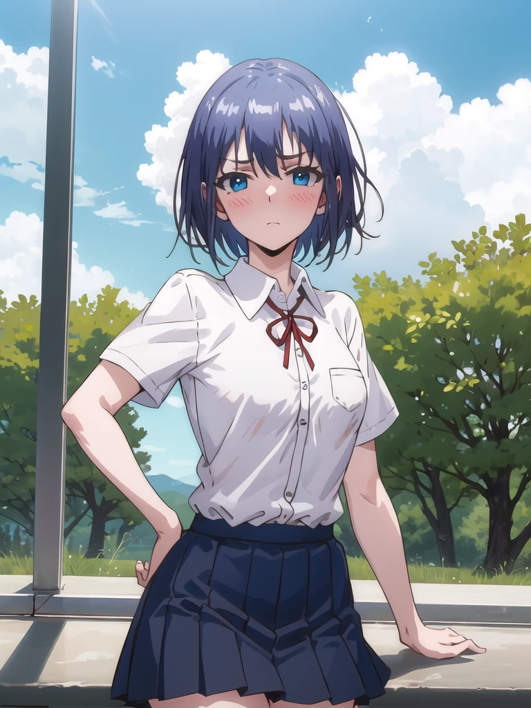 Kaededef, blue hair, blue eyes, short hair
skirt, day, ribbon, black skirt, looking at viewer, short sleeves, breasts, blush, white shirt, cloud, blue sky, school uniform, sky, red ribbon, neck ribbon, closed mouth, pleated skirt, outdoors, shirt, upper body, 
masterpiece, best quality,