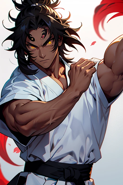 a martial artist, muscular man, white and black outfit, eyes yellow, cabello negro 