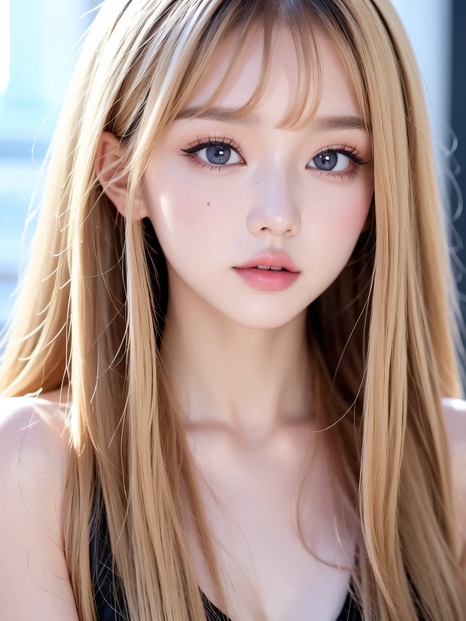 Close-up of a woman with long blonde hair and chalk, Ulzzang, Cruel Korean Goth Girl, She has a fringe of black hair, Korean Girl, Beautiful Korean Women, Cute Korean Face, Young and adorable Korean face, Korean facial features, Beautiful young Korean woman, Jis、Black Pink, Beautiful young Korean woman, Kurohime&#39;s hairstyle, Jinyoung Canela,(((Big Breasts,whole bodyショット,whole bodyショット,whole body,Glossy thighs,Cowboy Shot)))