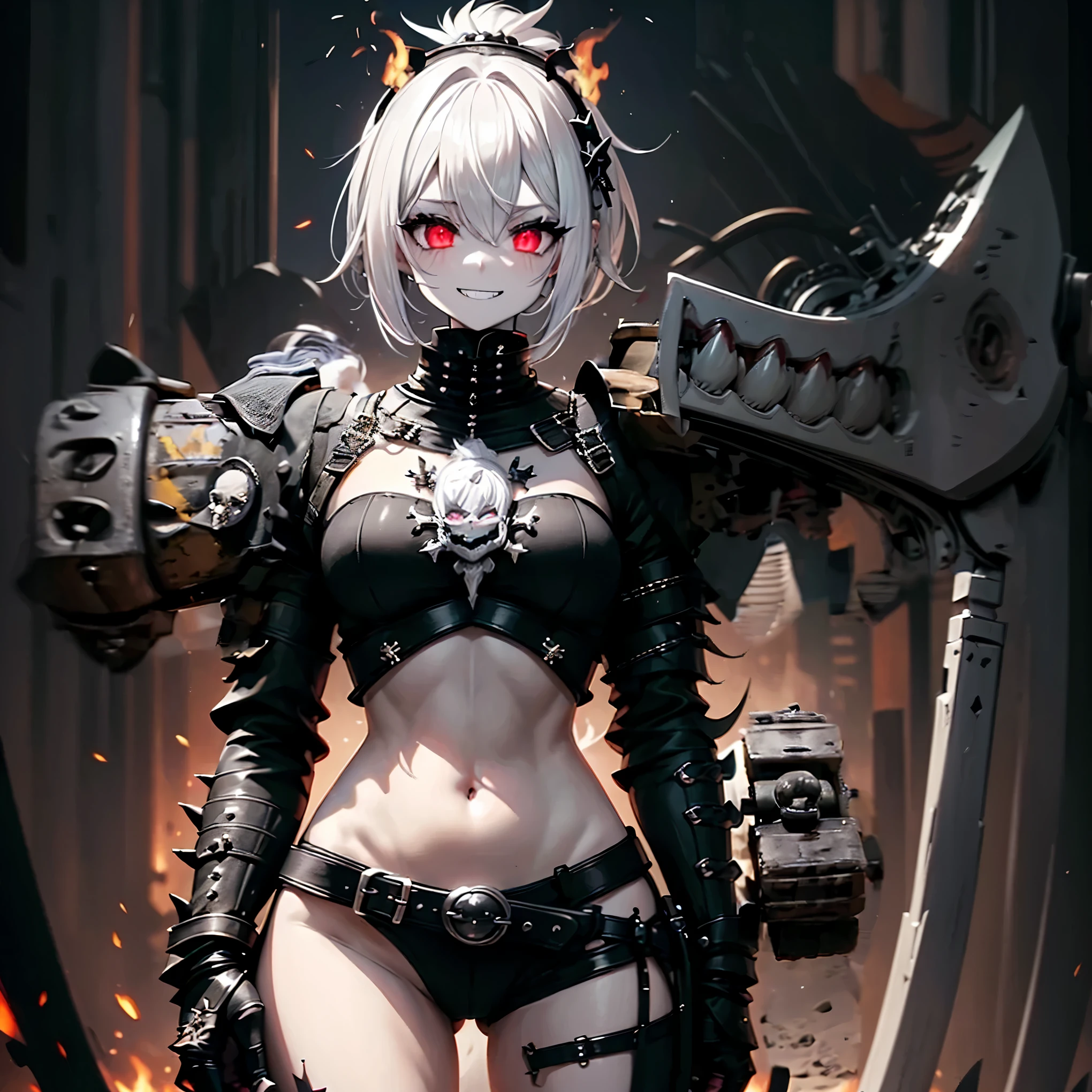 Gothic punk girl. White skin. White hair. Black clothes. Black light armor. Armor with mouth and tooth motifs. Glowing red eyes. Grinning. A large hand stretching out from behind. Aura eyes. Burning hair ornaments. Burning hair ornament. Navel. Boots. Canon.