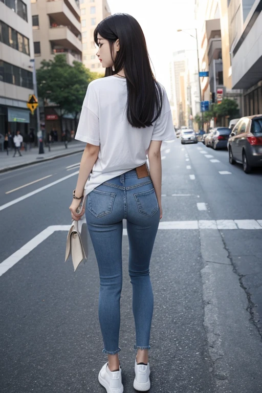 A woman with pretty eyes, The nose is pointed, Thin and slender lips, She has a beautiful face with very high resolution., Turn your back to the audience, The camera shows the back of the head,Long hair, White T-shirt, Tuck your t-shirt into your pants,jeans, cloud, afternoon, escalator, afternoon은 카메라 각도,긴 jeans 완벽한 각선미, thin legs, pretty legs, Lower body, At the back view, At the back, 완벽한 At the back view, Perfect leg shape, slender, skinny girl, Skinny jeans, sneakers((shoes)), Height 170cm, Perfect proportions, long legs, Very realistic, High quality, 8k, The gap between the pelvises has been nicely widened, The best angle, model, 매우 skinny girl 45kg, 1 leg, long legs를 가진 여자, Very high clarity, jeans 페티쉬, Sexual preference, leg fetish