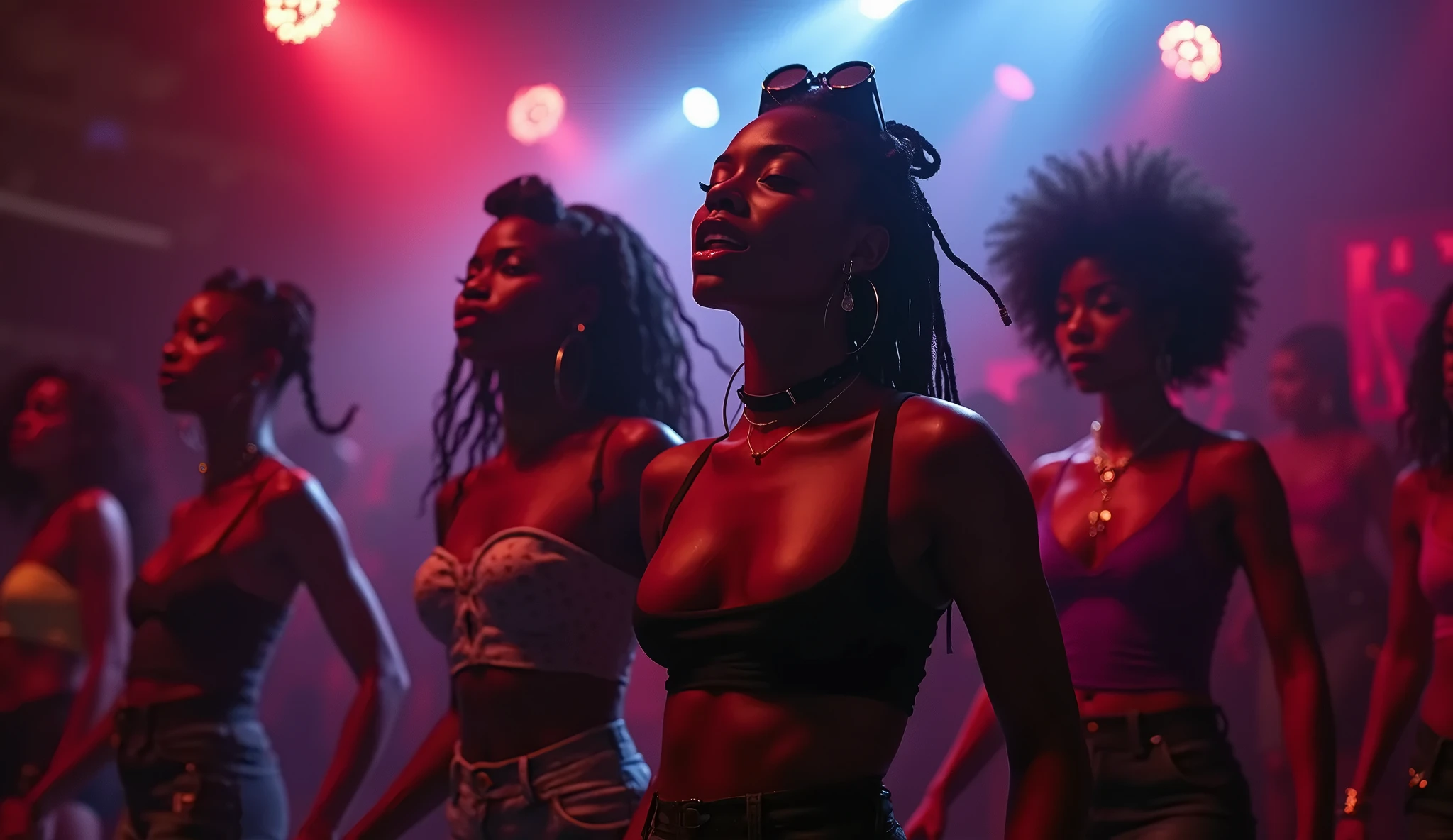 Four 20-year old sexy, hot Nigerian female prostitutes dancing with four young  night party.