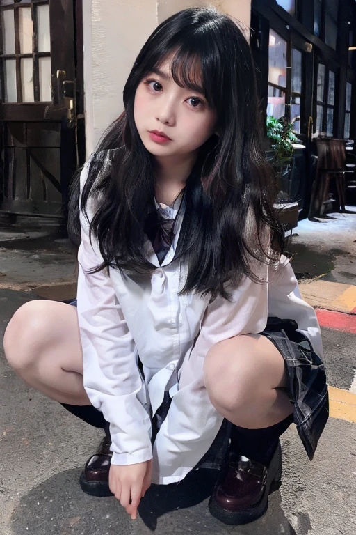 One girl, High resolution, School uniform、Composition from below、Black Hair、Long Hair、Gray Eyes、Red lipstick、Red blush、whole body