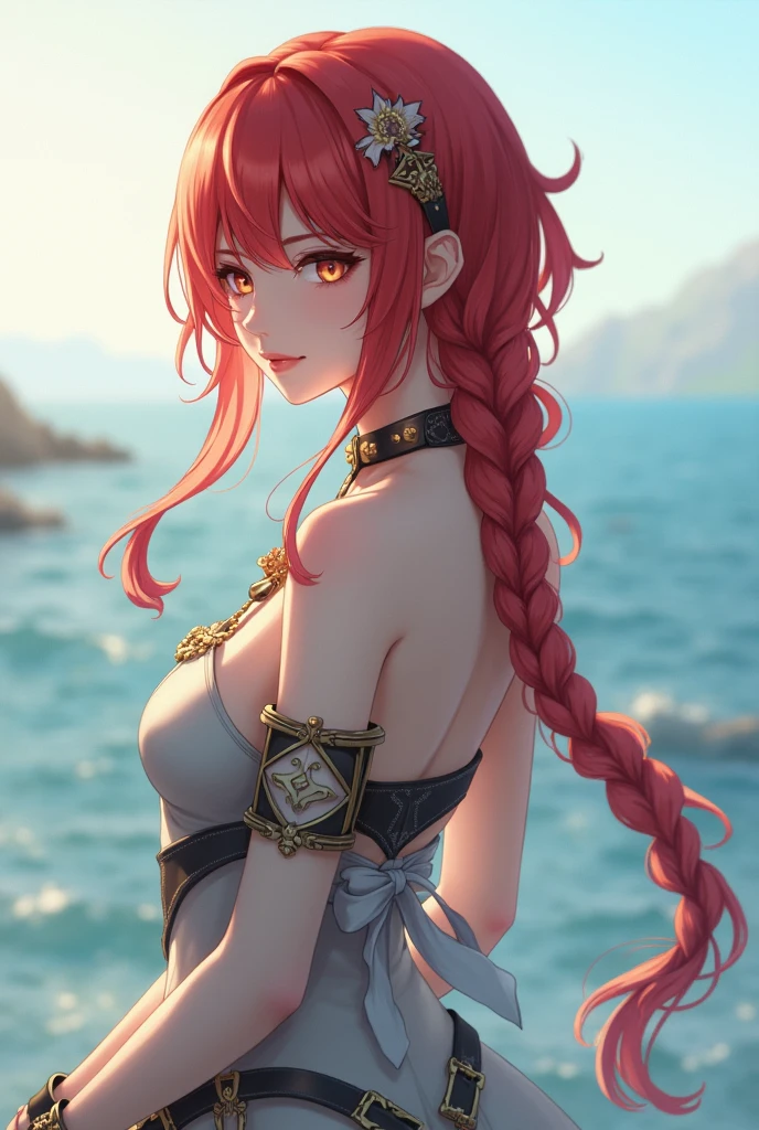cosplayer de zero two sexy,
pelo color rosado,
blue eyes with the background of a mountain with small red bikini