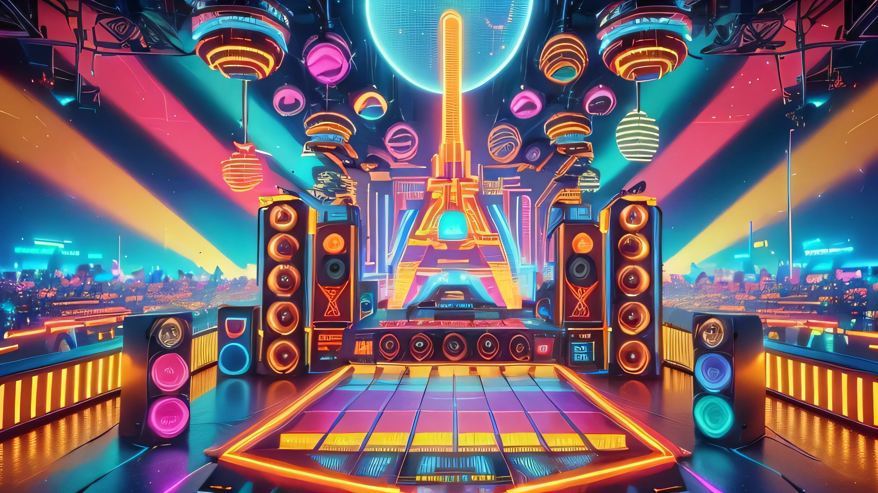 a large stage with speakers and a tower in the background, style hybrid mix of beeple, synthwave art, night clubs and neons, beeple style, synthwave art style, synthwave aesthetic, synthwave style, background artwork, synthwave art style ]!!, cinematic neon matte painting, epic retrowave art, synthwave city