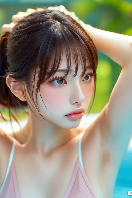 masterpiece, best quality, extremely detailed CG unity 8k wallpaper, A detailed and highly detailed vermilion kimono、lips, Open_mouth, Realistic, photograph_\(Moderate\), alone, (masterpiece),(photographRealistic:1.3), Very detailed, (Skin with attention to detail:1.2),(Highest quality:1.0), (Ultra-high resolution:1.0), Wavy thin hair, Long Hair,  (Beautiful and detailed makeup), (Sexually excited、Blushing、breathing becomes rough:1.0), In a bamboo forest with many strips of paper in the background。