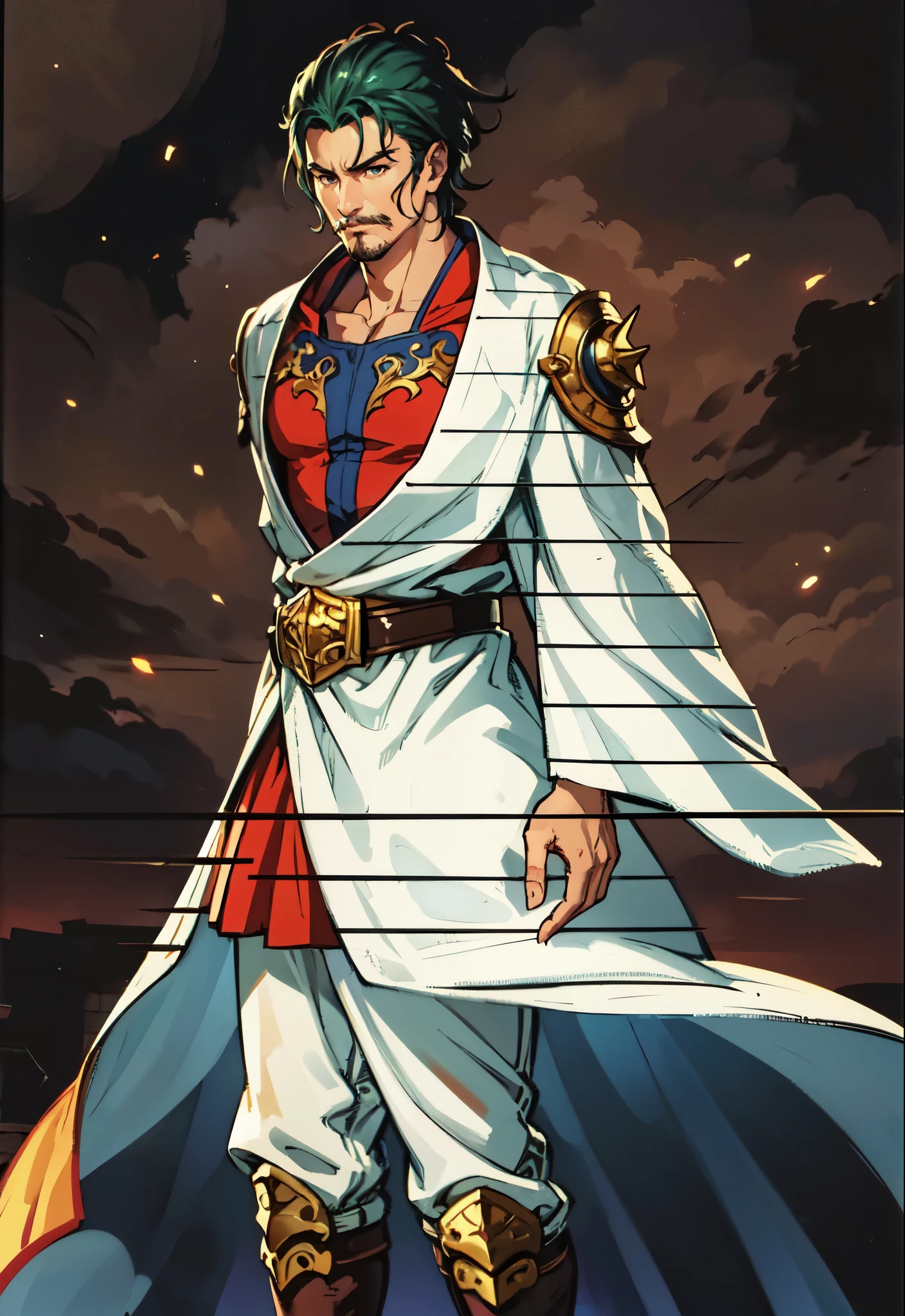 (masterpiece:1.2, best quality:1.2, extremely delicate:1.2), ((male:1.5)), a middle-aged man with spiky blue short hair, mustaches on his upper lip, a dignified long face, wise eyes, a fantasy martial arts-style green half-draped long robe, blue and white armor underneath, a large belt with a dragon-head emblem, his hands are wrapped in bandages, cloth pants, metal knee guards, tall boots, standing on the city wall gazing into the distance, this character embodies a finely crafted fantasy martial arts style general in anime style, exquisite and mature manga art style, dramatic, high definition, highres, ultra-detailed, ultra-fine painting, professional, perfect body proportions, golden ratio, anatomically correct, symmetrical face, extremely detailed eyes and face, high quality eyes, creativity, RAW photo, UHD, 32k, Natural light, cinematic lighting, (masterpiece-anatomy-perfect:1.2)